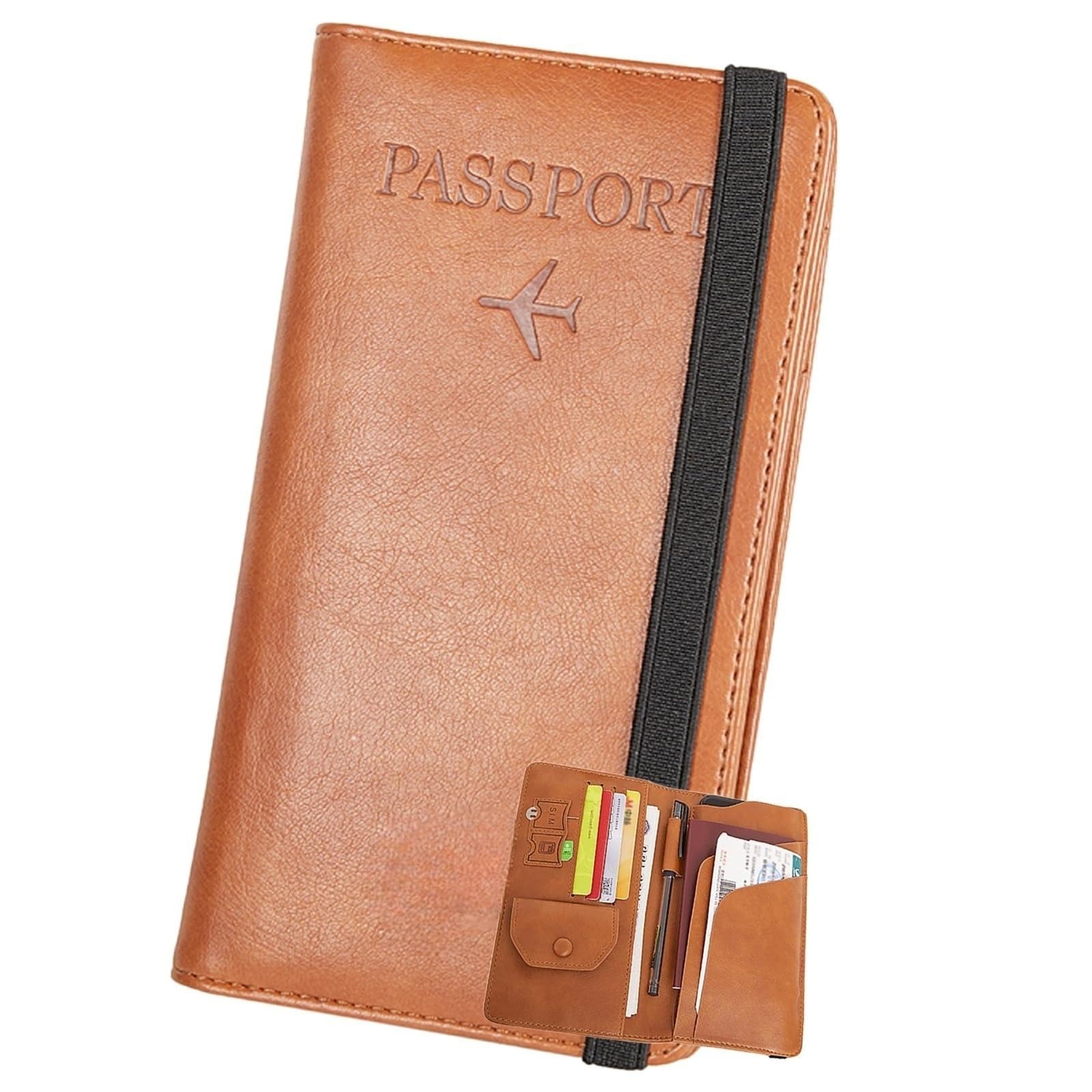 Azonee Leather Passport Wallet, Multi-purpose Passport Holder Wallet for Women and Men with Phone Pocket, Coin Pocket, Passport Cover, Travel Document Holder for Travel, Business Trip (Brown)