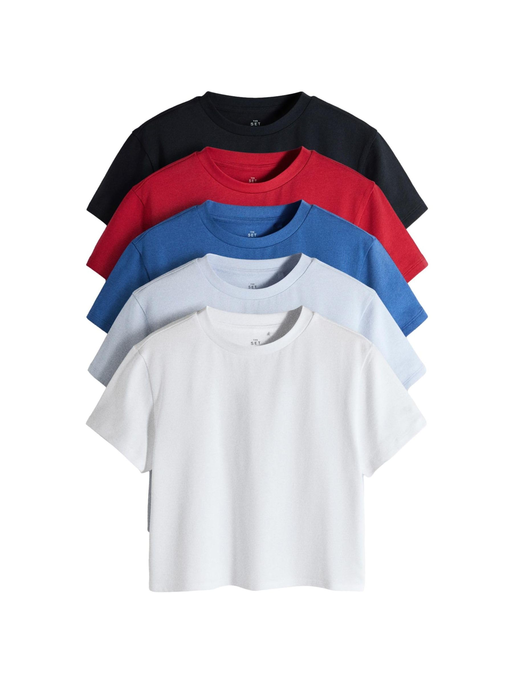 THE SET Damen Kurze T-Shirts aus schwerem Stoff, 5er-Pack