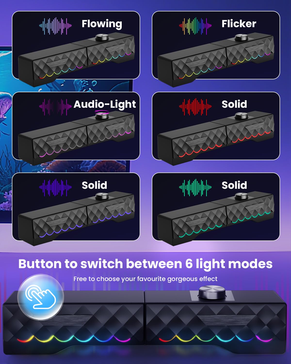 Haut-parleurs pour PC stéréo - Haut-parleur amovible avec LED RVB pour jeux dynamiques et frais - Soundbar avec câble USB pour tablette, téléphone portable, ordinateur portable, MP3/MP4