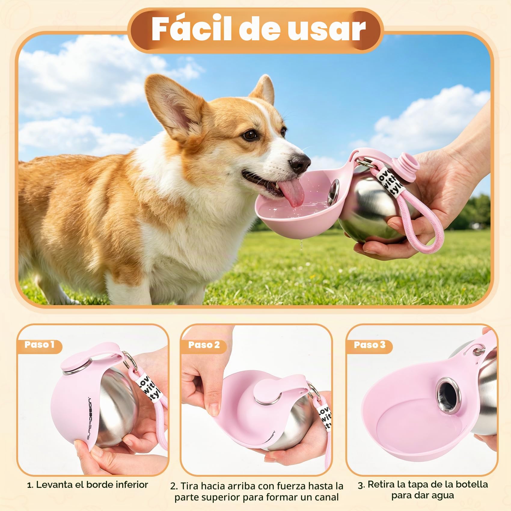 Bebedero Portátil para Perros, 285ml Botella de Agua para Perros de Acero Inoxidable, Botella Antifugas con Cuenco Plegable de Silicona, Botella de Agua Portátil para Pasear, Viajar y Acampar