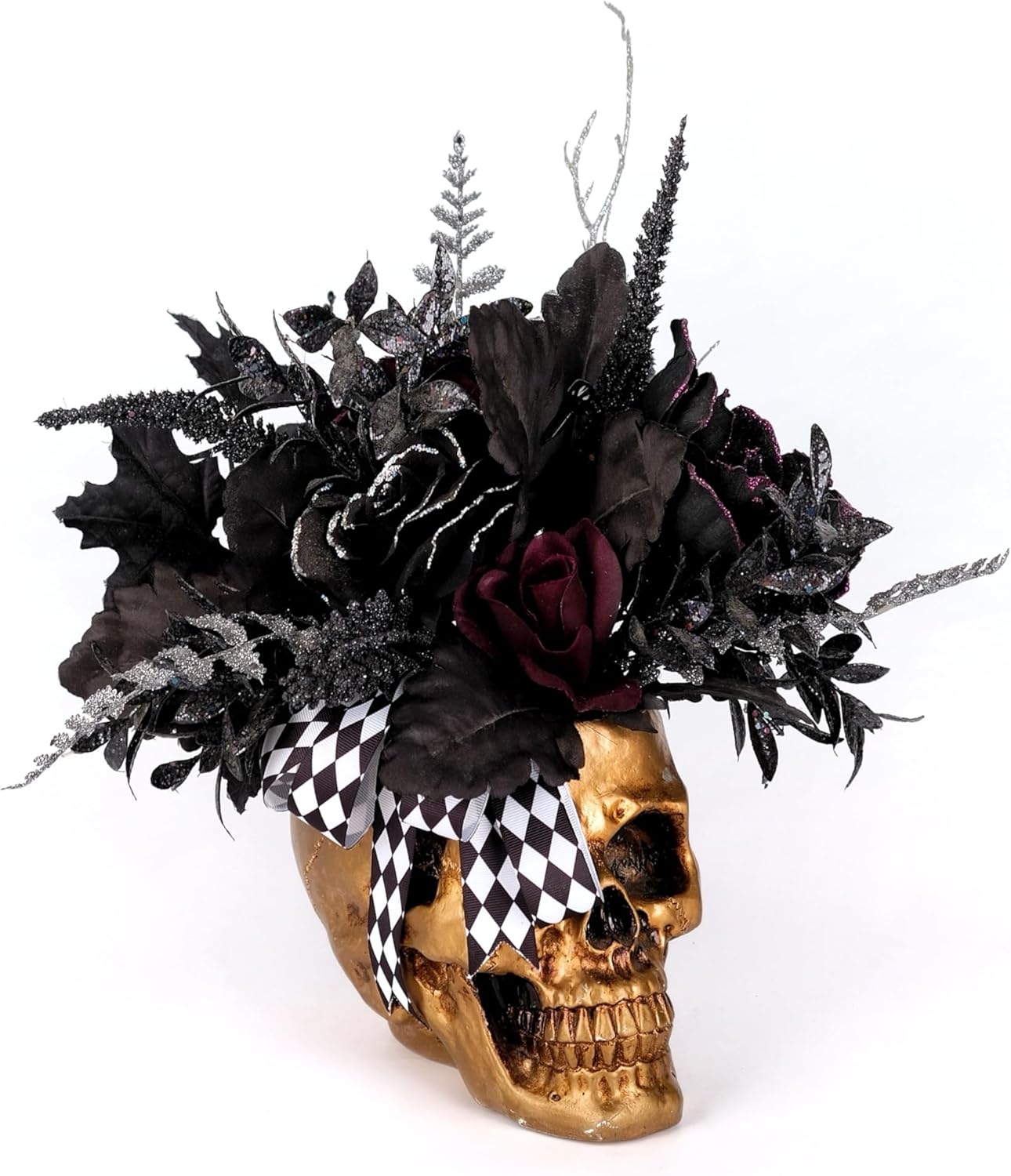 Halloween Decor, Gold Resin Skull Planter with Faux Plants Halloween Skull Decor for Home Coffee Table Bookshelf Dining Table Centerpiece, 14" H (Gold/Black/White/Red)