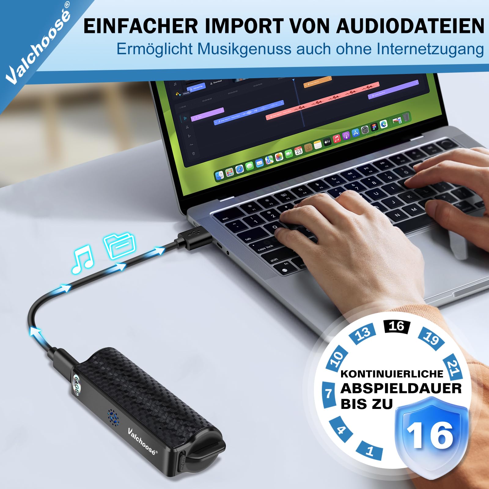 Valchoose 64 GB Digitales Diktiergerät & Aufnahmegerät mit Abhörgerät-Funktion, One-Touch-Aufnahme, Magnetfunktion für Meetings & Interviews