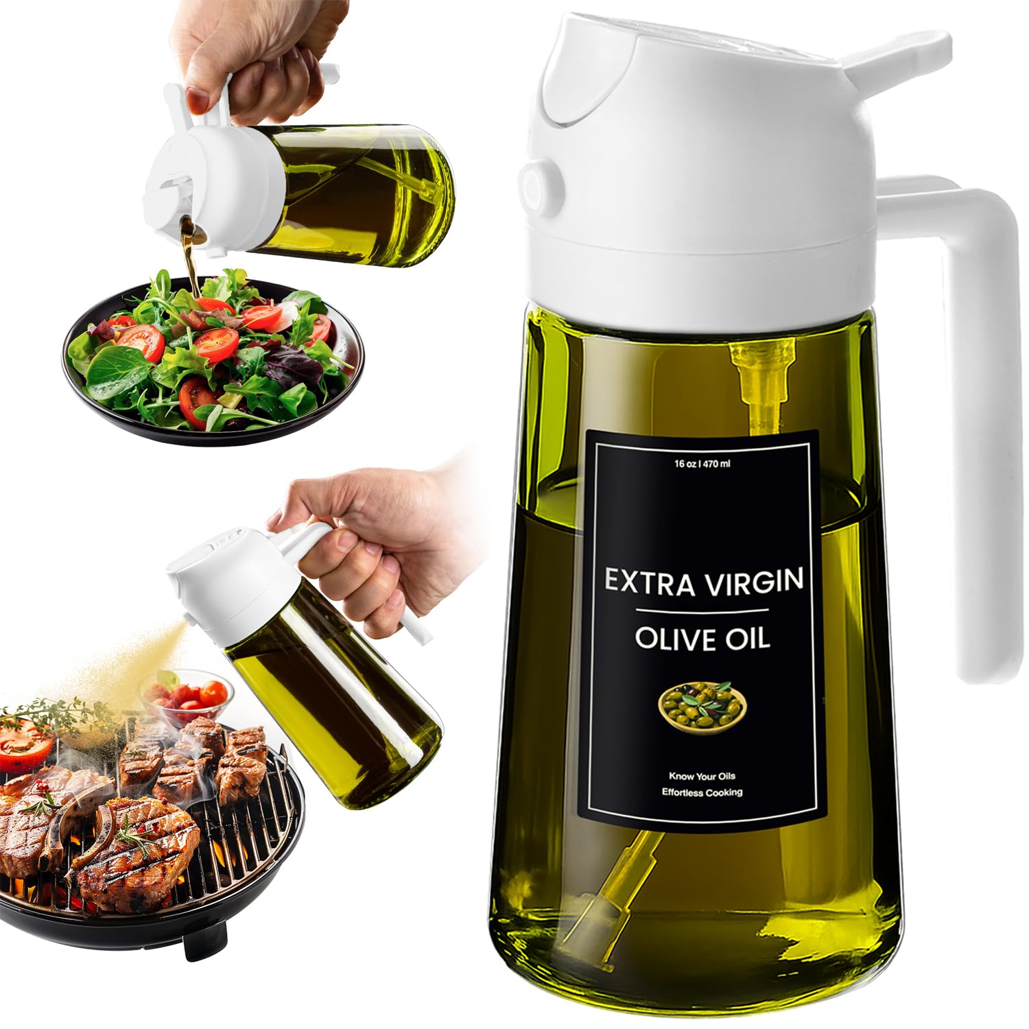 CXINYI - 16oz/470ml Olive Oil Dispenser for Kitchen with Stickers - 2 in 1 Olive Oil Sprayer for Cooking, Air Fryer, and Salad, White (Light-Proof Kitchen Gadget)