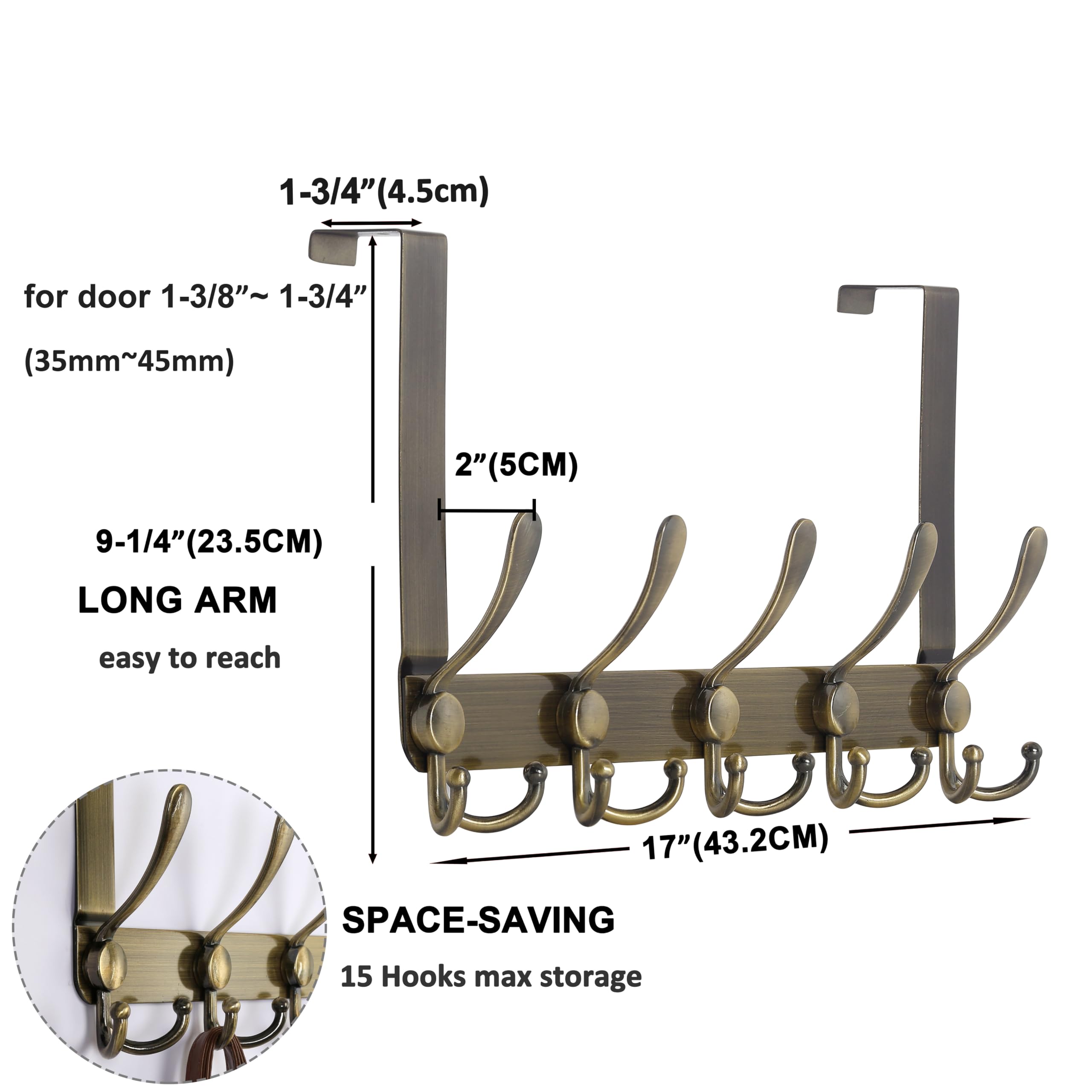 Dseap Perchero para colgar sobre la puerta, 5 ganchos tri, perchero resistente para colgar sobre la puerta, perchero para ropa, sombrero, toalla, bronce