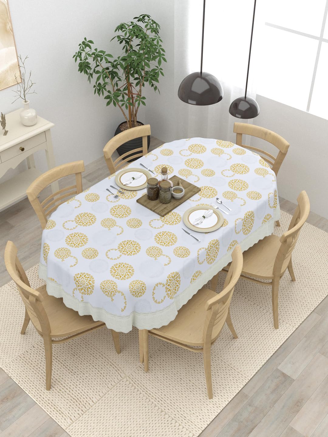 Clasiko 6 Seater Oval Dining Table Cover; 60x90 Inches or 152x228 Cms; Material - PVC; Shape - Oval; Pack of 1; Anti Slip; Grey & Golden 69064