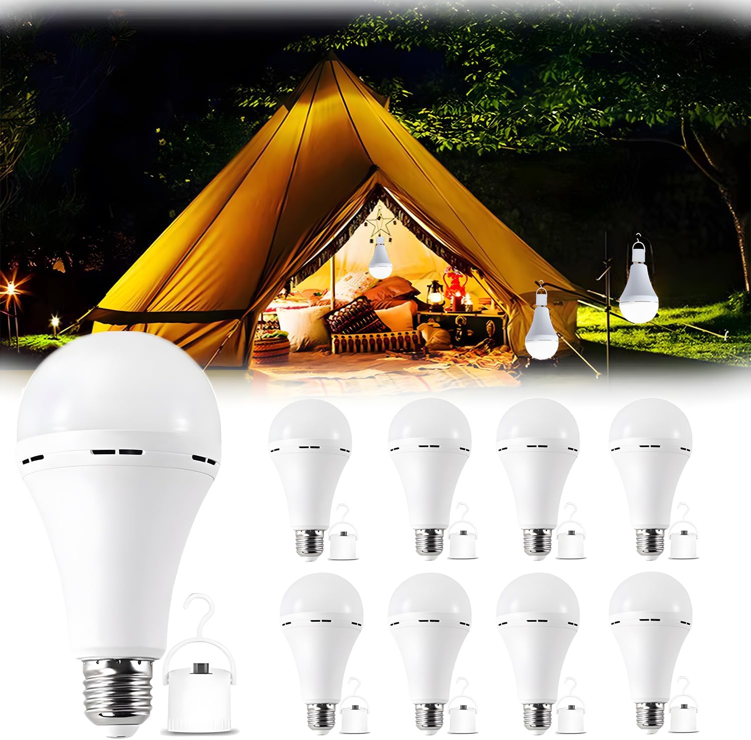 8Pack White Rechargeable Emergency 15W LED Light Bulb,Stay Lights Up When Power Failure,100W Equivalent,1500lm,White Light 6000K,E26/27 Base,2200mAh Lithium Battery