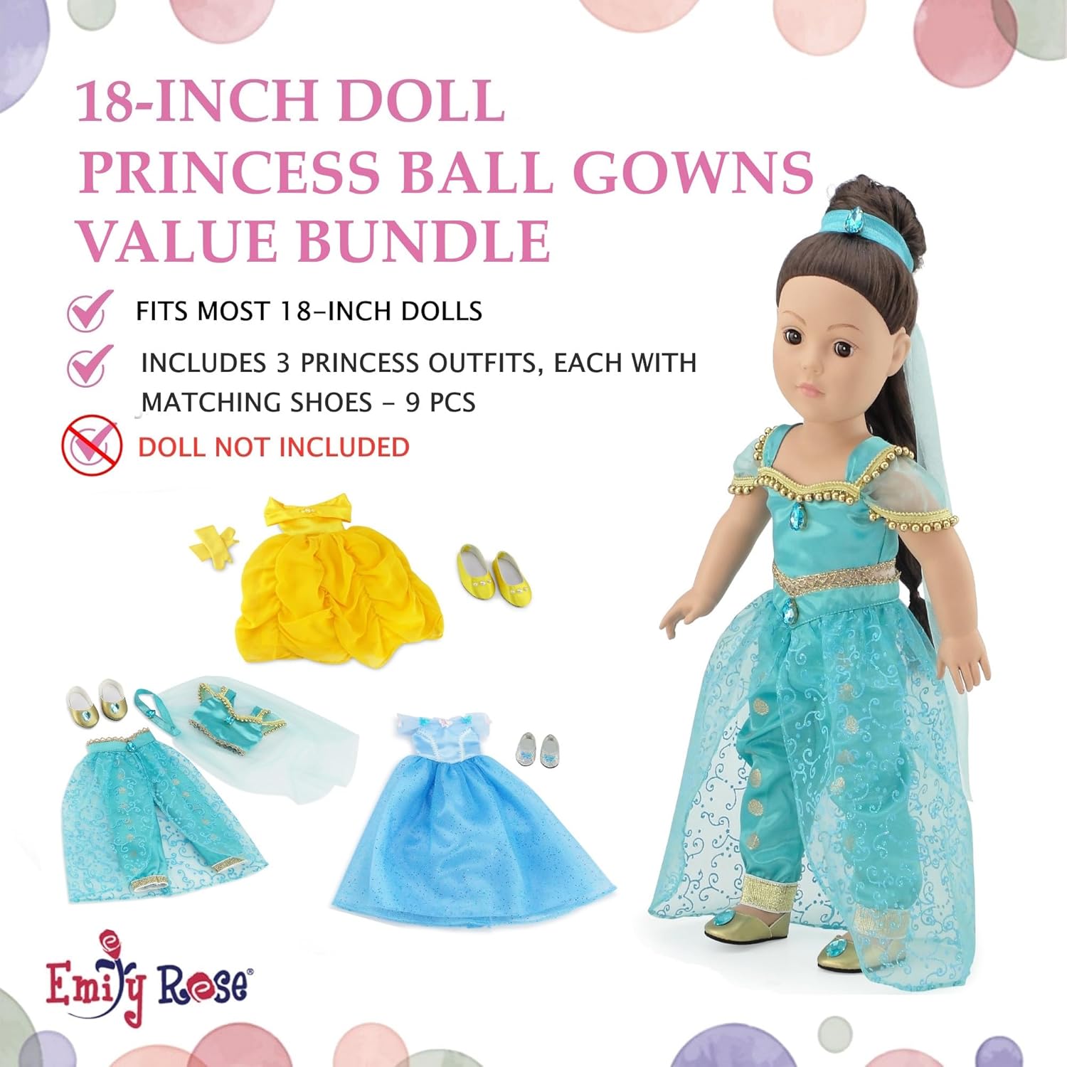 Emily Rose 14 Inch Doll Princess Clothes 9-PC Value Bundle | 3 Complete Outfits with Shoes | Compatible with American Girl and Our Generation Dolls | Fairytale Clothing for 14” Dolls | USA Brand