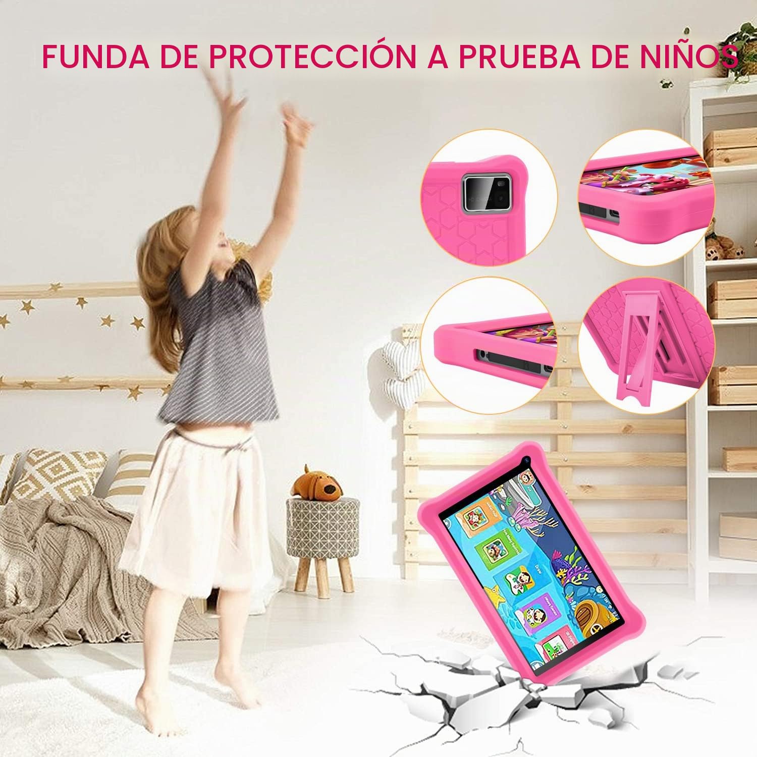 Tablet para Niños 7 Pulgadas Android 13 Tableta con 8GB RAM 64GB ROM (TF 128GB), Google GMS, Pantalla IPS HD, Doble Cámara, Bluetooth, Control Parental, Tablet Infantil con Funda EVA(Rosa)