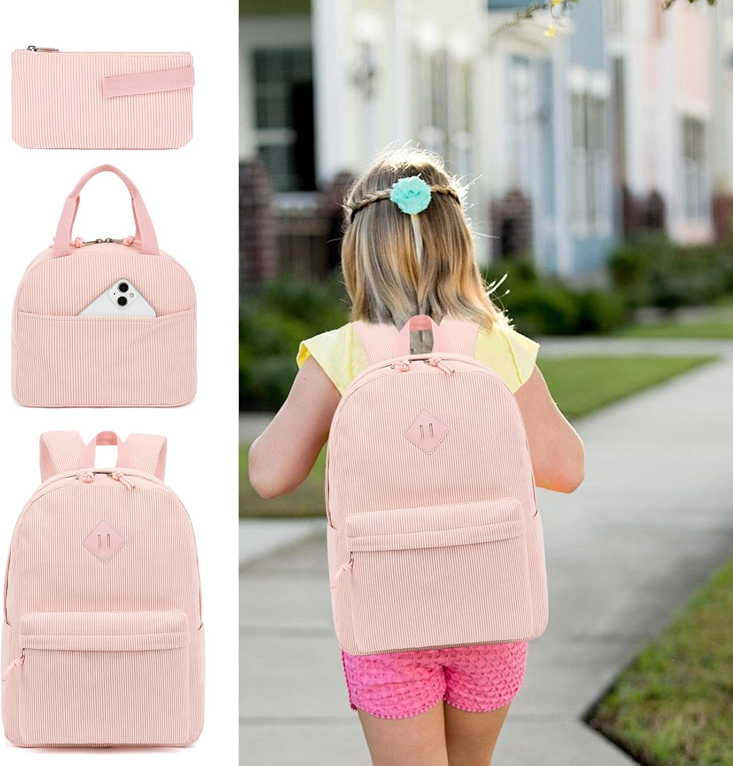 Corduroy School Backpack Girls Kids Teens School Bookbags Schoolbag Set with Lunch Box Pencil Bag image 2