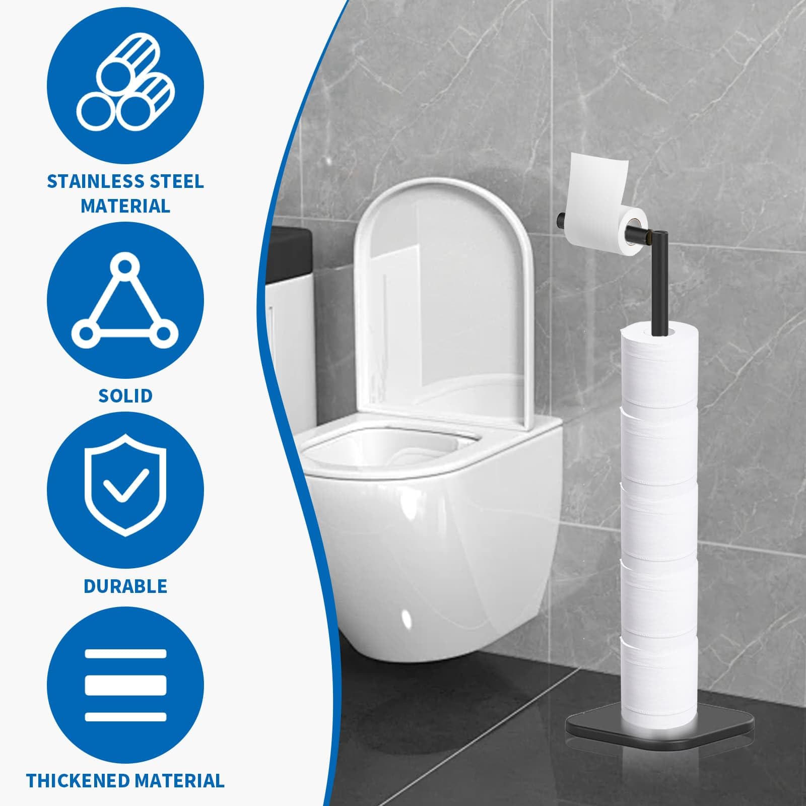 Toilet Roll Holder Free Standing with Heavy Duty Base, Stainless Steel Toilet Roll Holder for 6 Rolls, Stylish Chrome Finish - Image 3