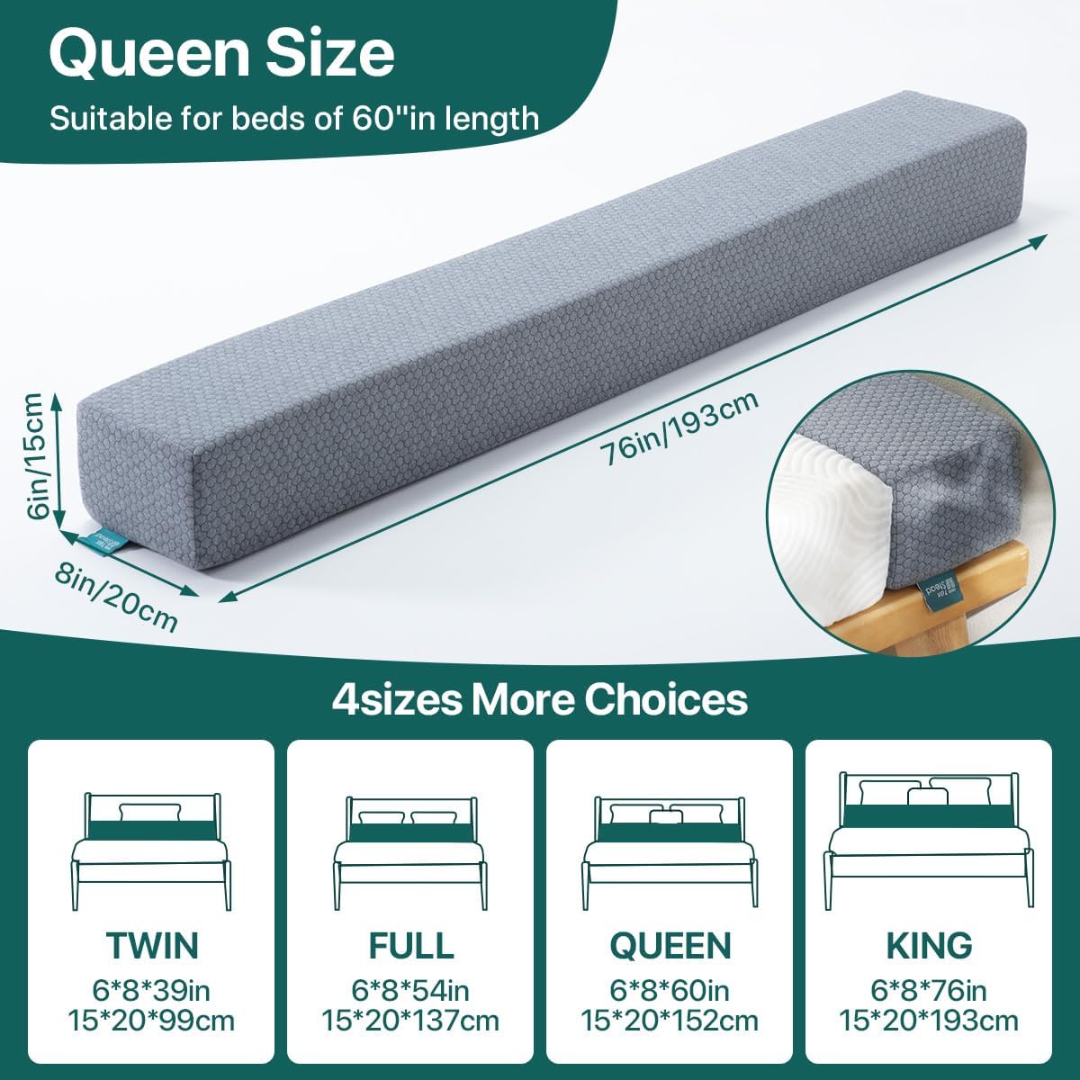 Bed Gap Filler for Headboard & Wall, Mattress Extender Pillow with Removable Cover & Memory Foam, Fills Gaps Between Mattress and Headboard, Stops Items Falling (White, King Size)