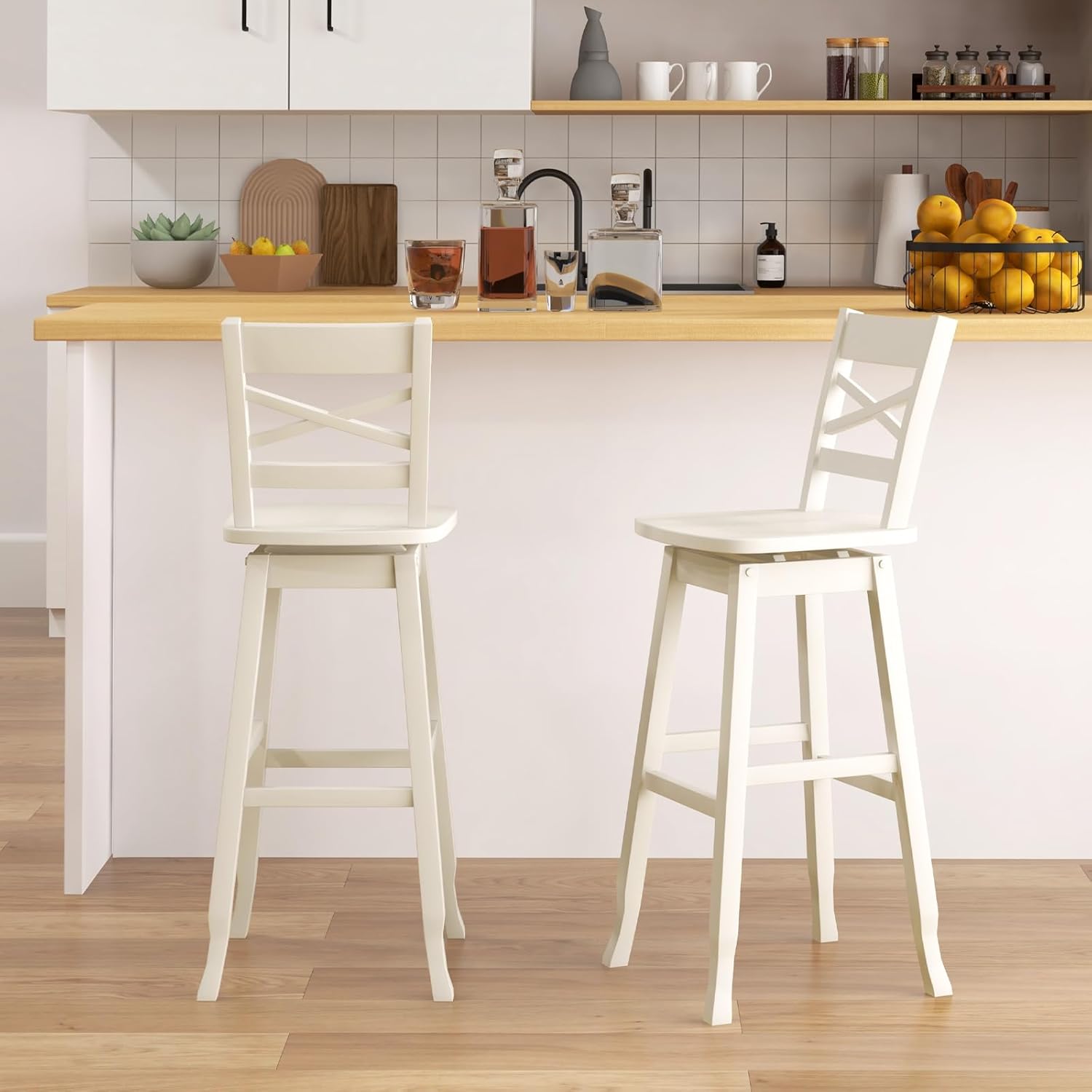 COSTWAY 30-Inch Bar Height Stool Set of 2, Rubber Wood Swivel Bar Stool with Inclined Backrest, Curved Seat & Footrest, Bar Chair for Kitchen Island & Pub (2, Cream)