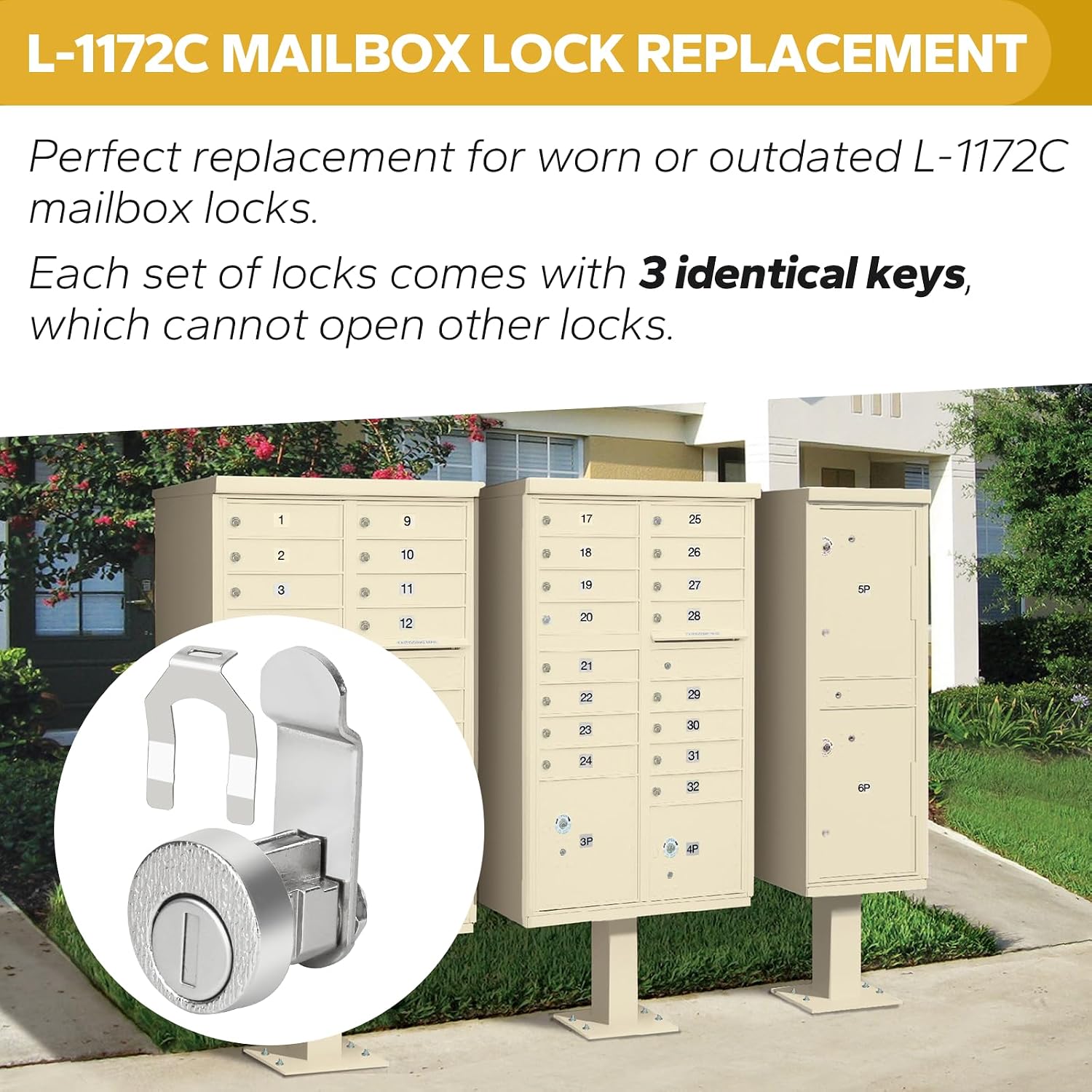 Mailbox Lock with Key, L-1172C National Mailbox Lock Heavy-Duty Cam Accessories for C9100/C9200 L C7120 USPS Mail Box Locks and Keys, Mailbox Key Locks with ​​5 Shaped Locking Tabs (3 Pack)