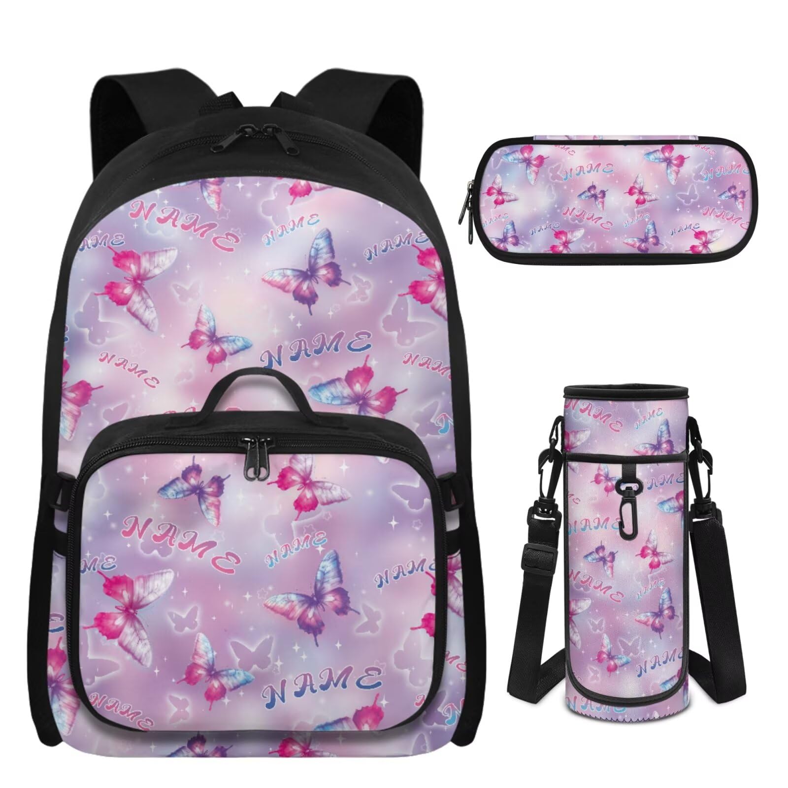 Mochila personalizada para niños con nombre, bolsa de libros y fiambrera para niñas de 8 a 10 mochilas personalizadas, Nombre Mariposa, M, Casual