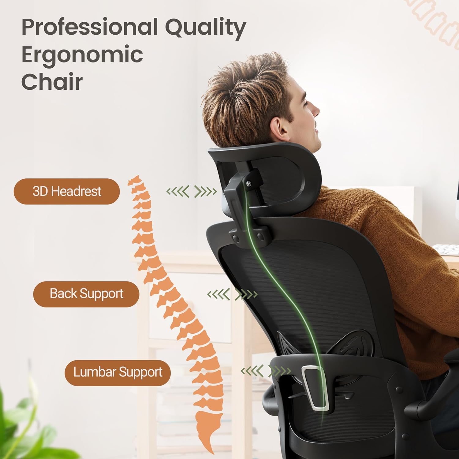 Homall Ergonomic Office Computer Chair，Computer Desk Chair with 3D Headrest Adjustable Lumbar Support，High Back Mesh Chair with Wheels for Office and Working from Home