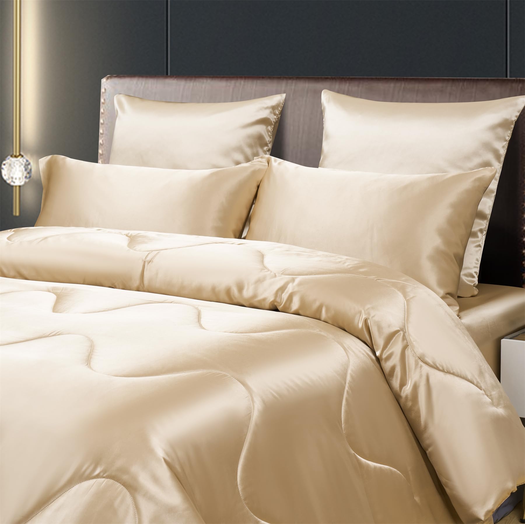Satin Bettdecke 135x200 Beige Sommerdecke 135x200 200 GSM Seidige Seide Sommerdecke Satin Leicht Weich Glatt Glänzend Deluxe Steppdecke für Sommer mit 80x80 cm Kissenbezug