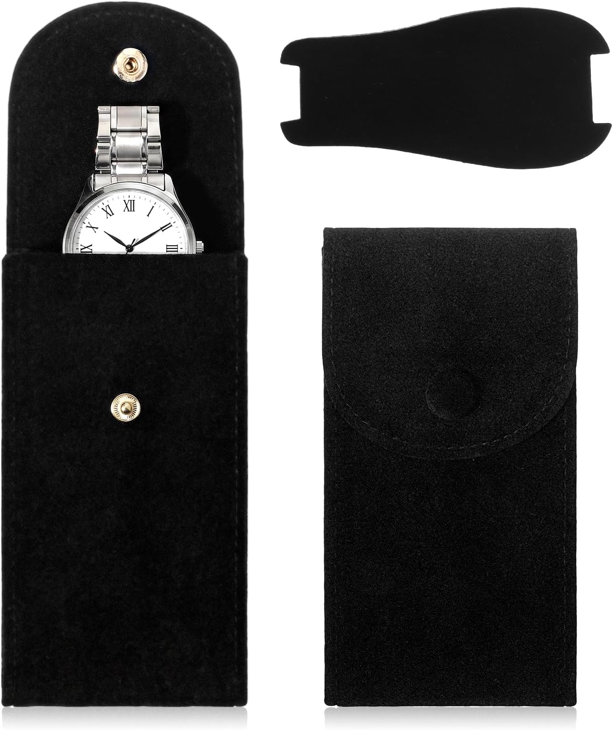 Watch Travel Pouch, 2 Pcs Velvet Watch Pouch Portable Flannelette Watches Storage Bag with Watches Holder with Snap Button for Men Women (Black)