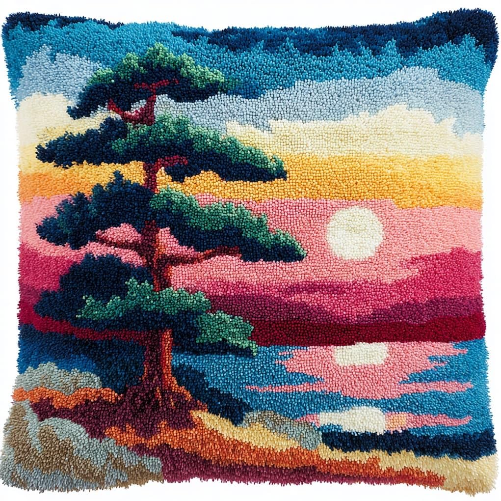 WallustrioaW Latch Hook Pillow Kits Cushion,Sunset Pine Tree Landscape,Printed Pillowcase Sofa Hooking Pillows Crafts Embroidery Latch Hooking Crochet Kits,17x17in