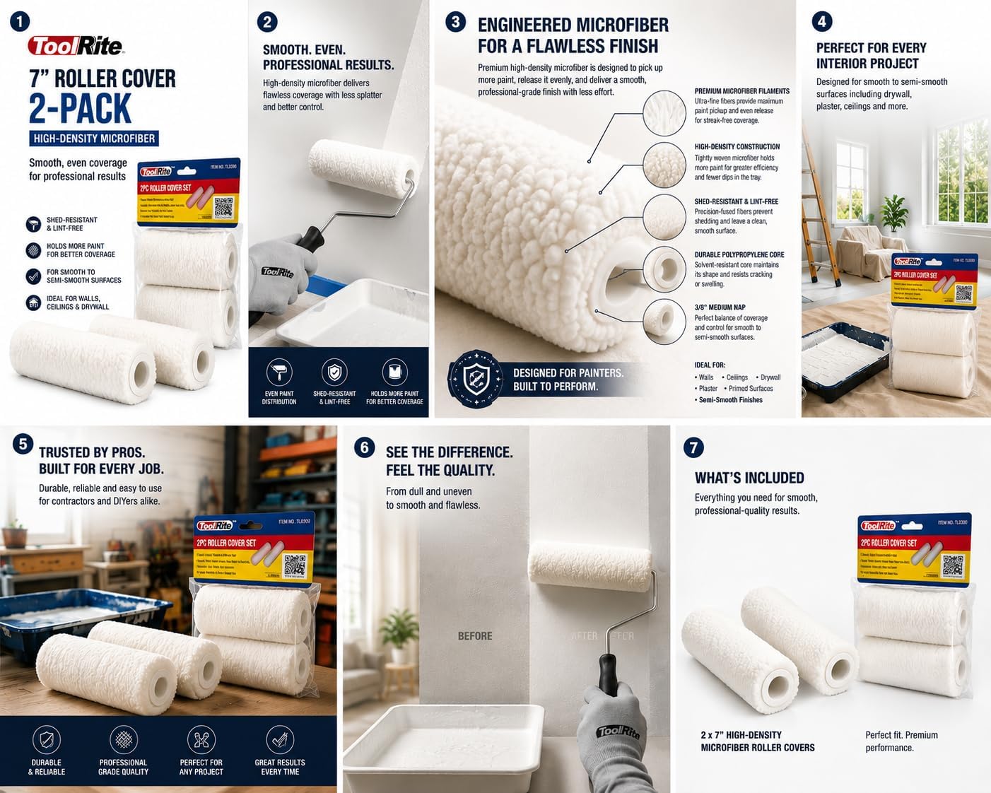 7-Inch Paint Roller Cover - 2 Pack- High-Density Microfiber Replacement Roller Sleeves for Smooth to Semi-Smooth Walls, Drywall, and Ceilings