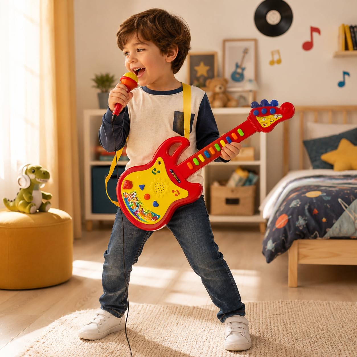 Guitarra eléctrica juguete niños con micrófono amplificado efectos luminosos correa melodías pregrabadas guitarra rock electrónica cm 45 guitarras juguete niños guitarras con sonidos Rock (A)