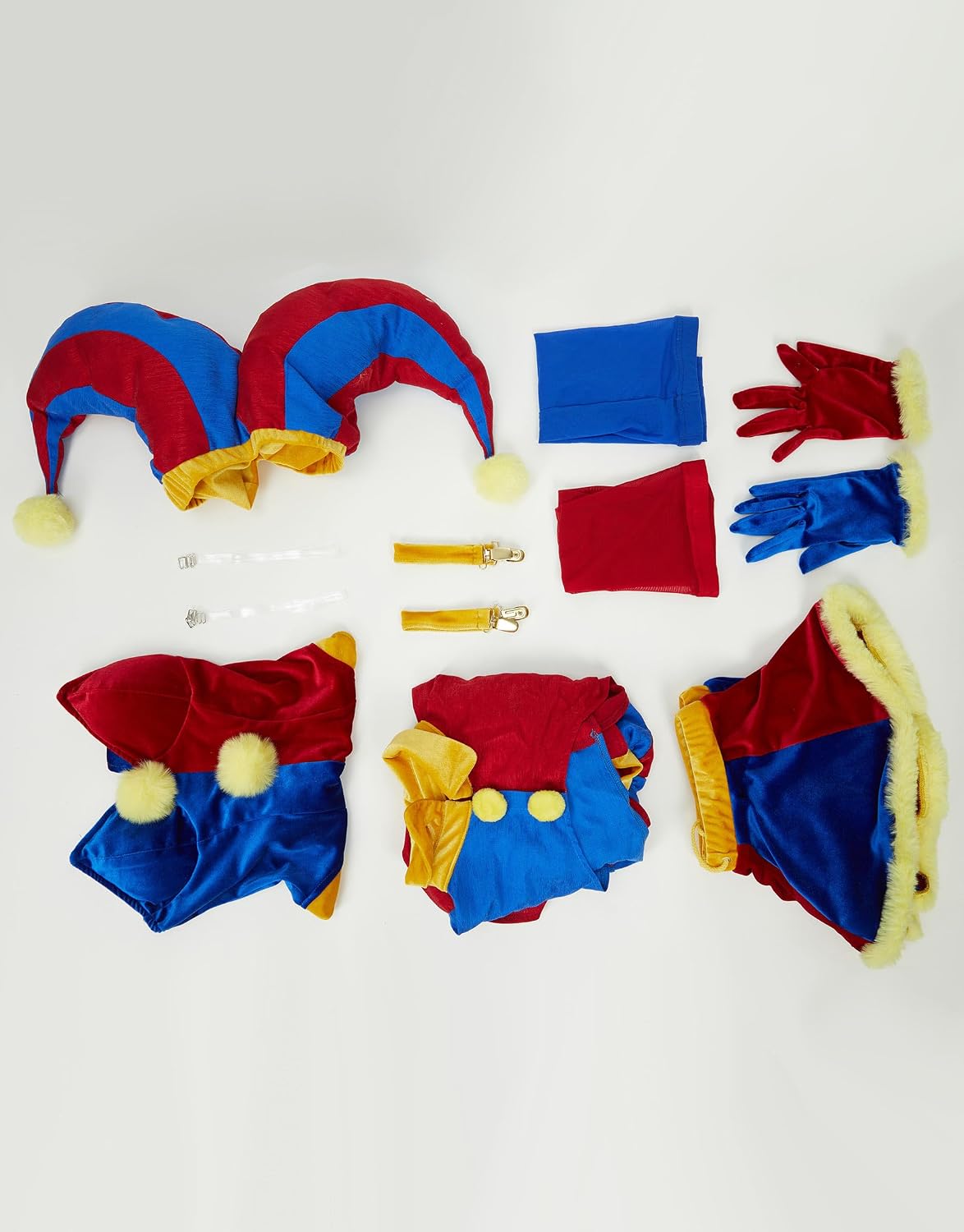 Mobbunny Women's Clown Cosplay Costume Circus Clown Bodysuit Blue Red Bodysuit and Mini Skirt with Gloves and Hat