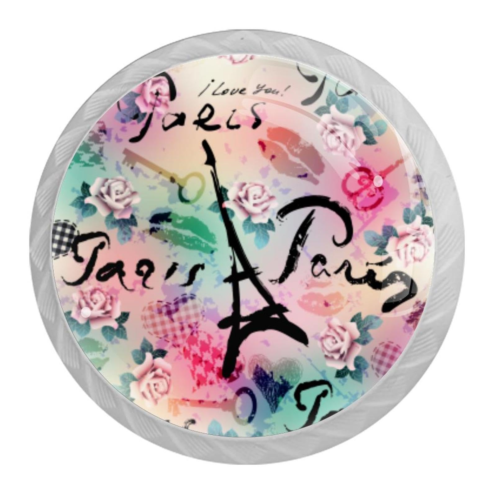 Tqmspg Multi09 4 Pieces Drawer Pulls Watercolor Paris Eiffel Tower Rose Flower Door Knobs Dresser Handles For Kitchen Wardrobe Cupboard Hardware Furniture