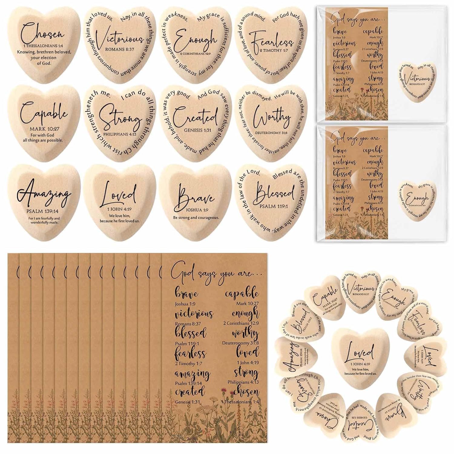 Yalikop 48 Set God Says You are Inspirational Christian Church Gift Religious Wooden Pocket Heart Token Bible Verse Word Affirmation Favor Encouragement Card for VBS Sunday School Coworker (Scripture) Yalikop 48 Set God Says You are Inspirational Christian Church Gift Religious Wooden Pocket Heart Token Bible Verse Word Affirmation Favor Encouragement Card for VBS Sunday School Coworker (Scripture)