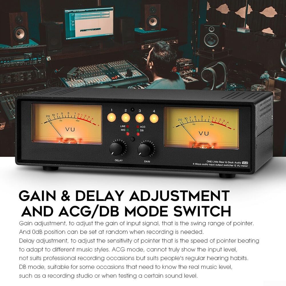Caja de conmutación de audio analógica con medidor de vu, 4 vías para divisor RCA con control remoto, modo de ganancia/db para estudio en casa, oficina en casa, retroiluminación amarilla