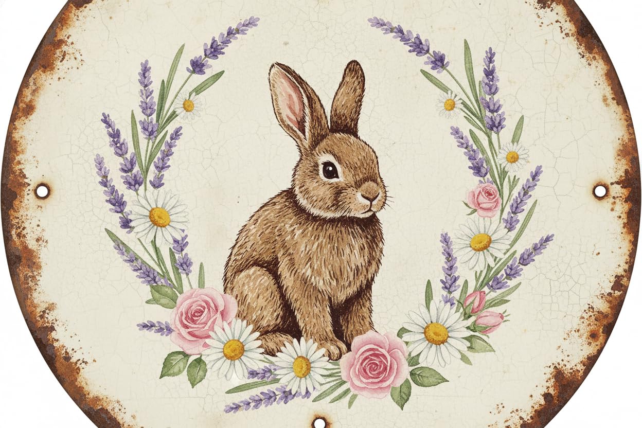 Retro Bunny Rabbit Tin Sign Spring Easter Wall Art Vintage Decor for Home Farmhouse Cafe 12x12inch