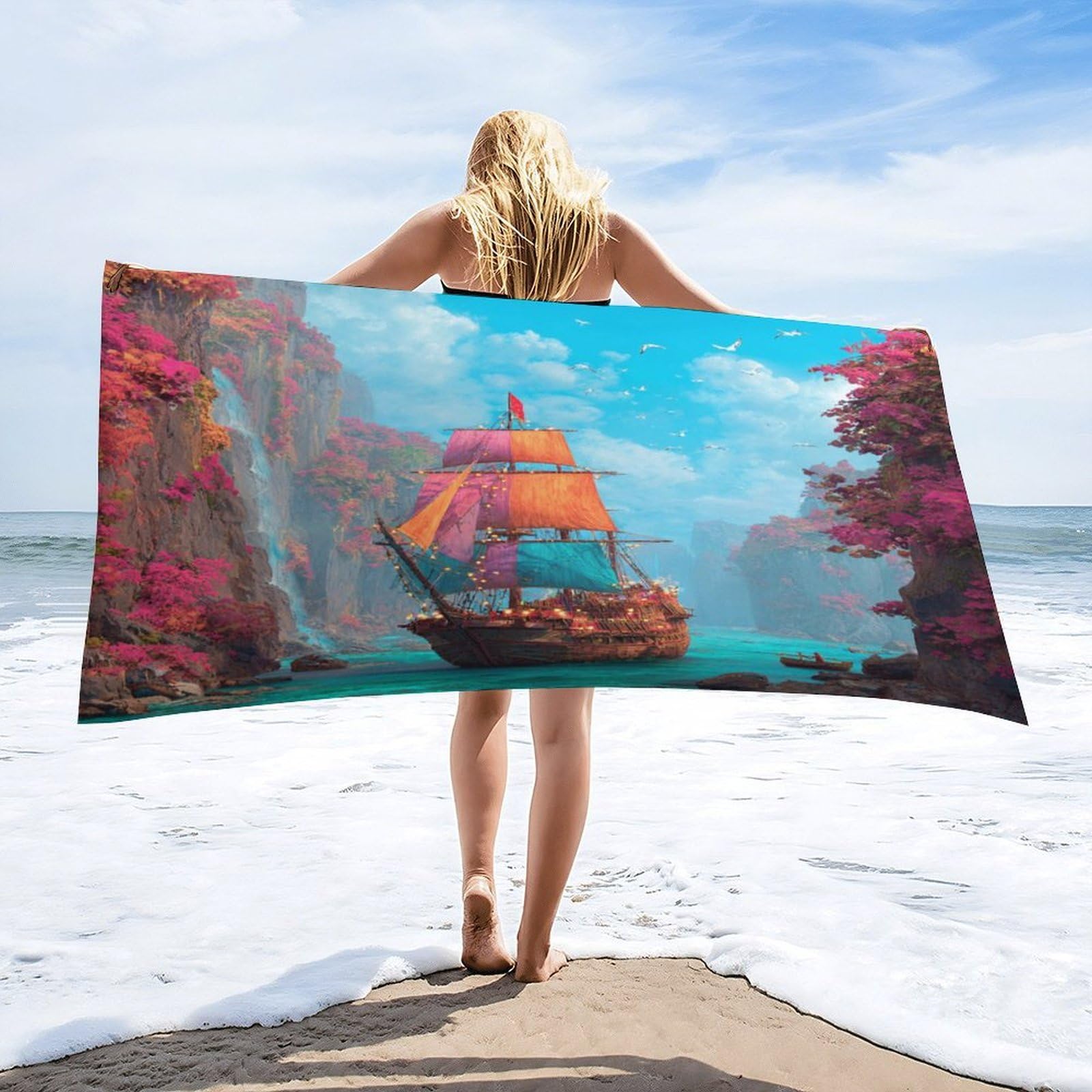 Luyysky Fantasy Realistic Pirate Ship Quick-Drying Beach Towel, Mid Century Funny Nautical Tropical Cliff Sea Boat Plant Floral Travel Vacation Single Sided Pile Bathroom Towels-80 W Cm X 160" L Cm