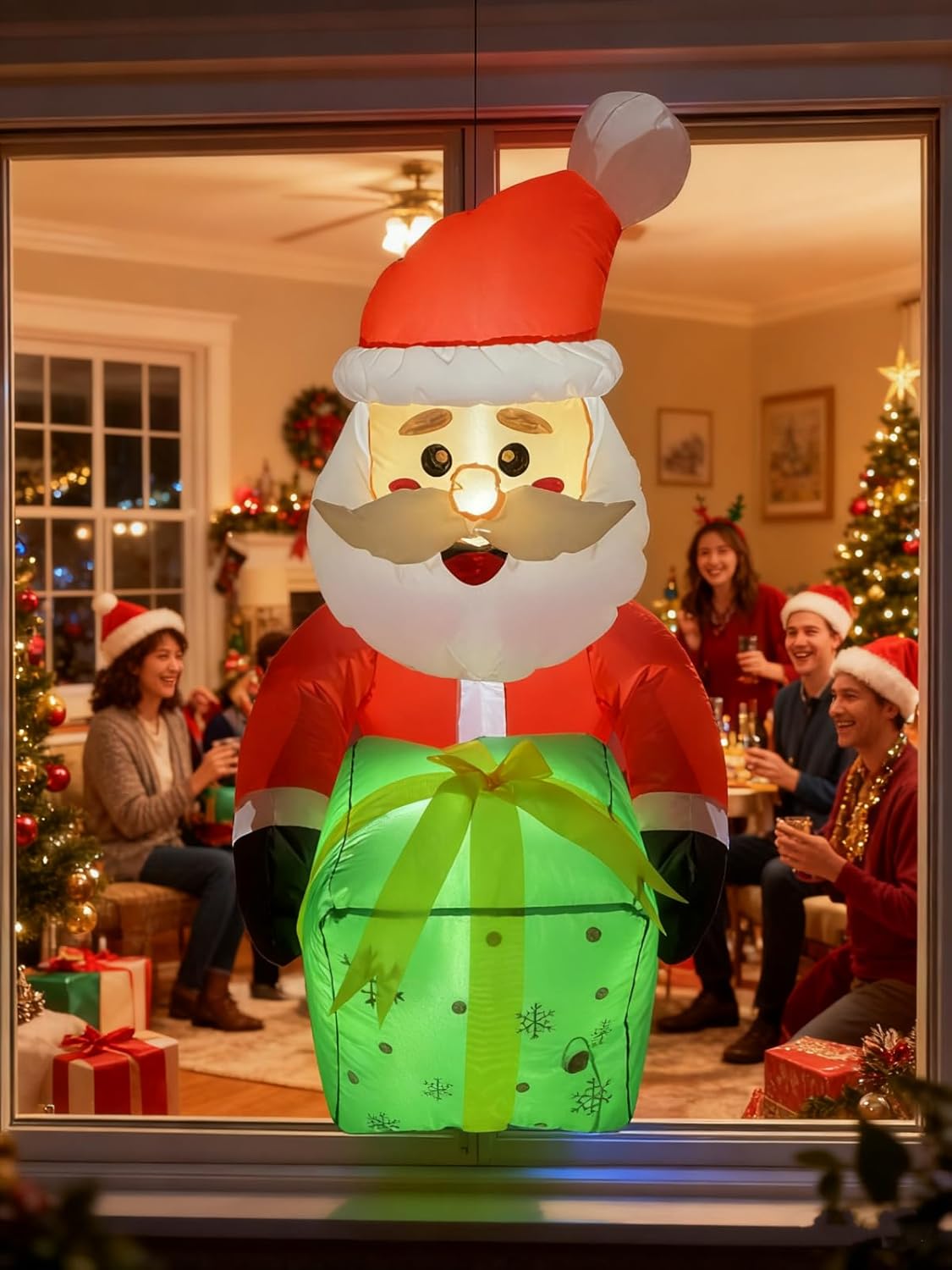 3.5FT Window Inflatble Decor- Christmas Santa Claus with Green Gift Box - LED Lighted Blow-Up Outdoor Yard Decoration for Lawn, Garden, Window Xmas Decor