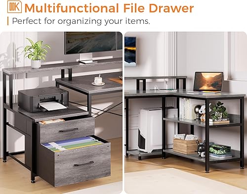 Miniatura 4 de ODK Escritorio en forma de L con cajón de archivos, escritorio reversible en forma de L de 66 pulgadas con toma de corriente y tira LED, escritorio