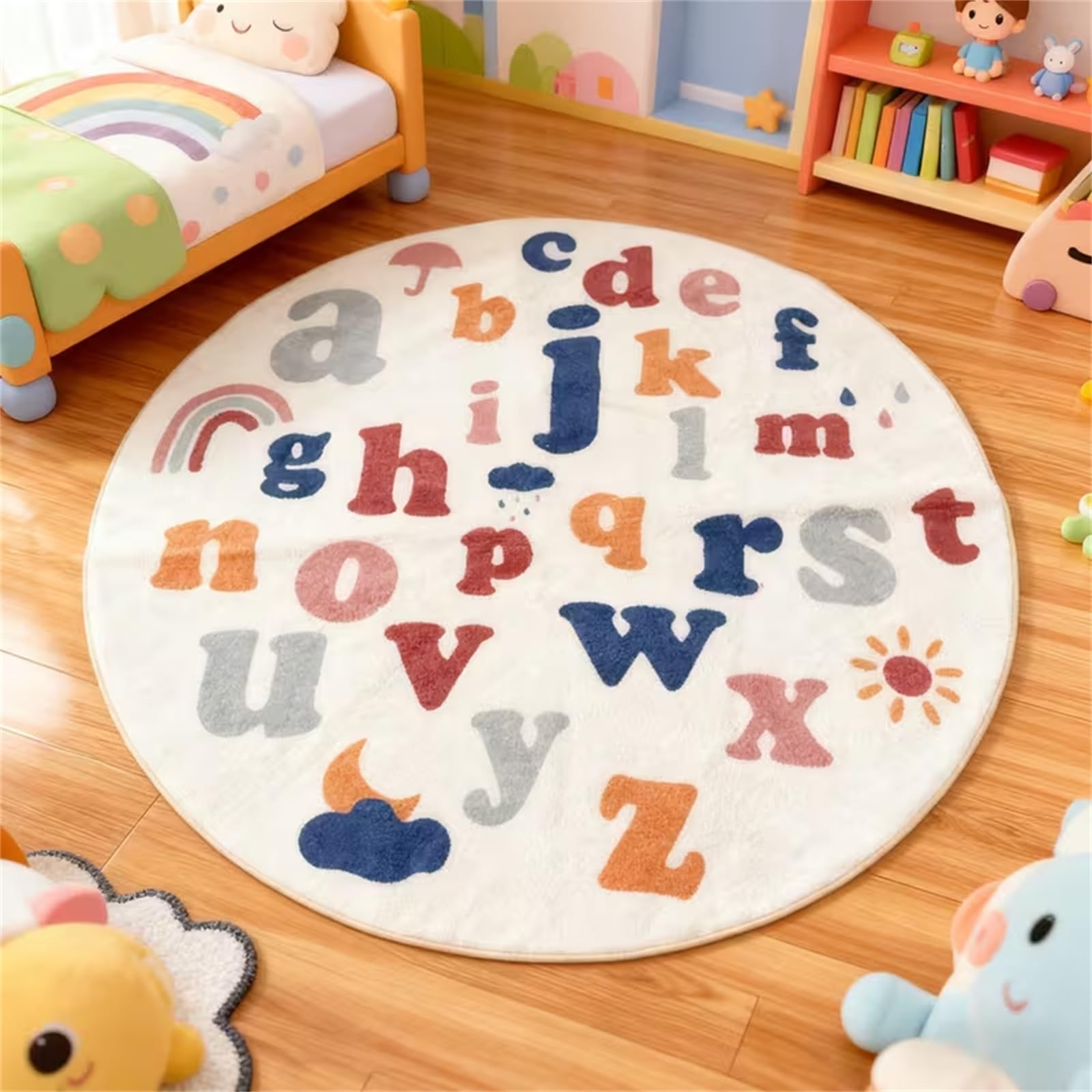 LHOMKCV Round Alphabet Area Rug, 120cm Machine Washable Soft ABC Educational Mat, Non-Slip Area Carpet for Bedroom, Playroom, Reading Nook & Indoor Use