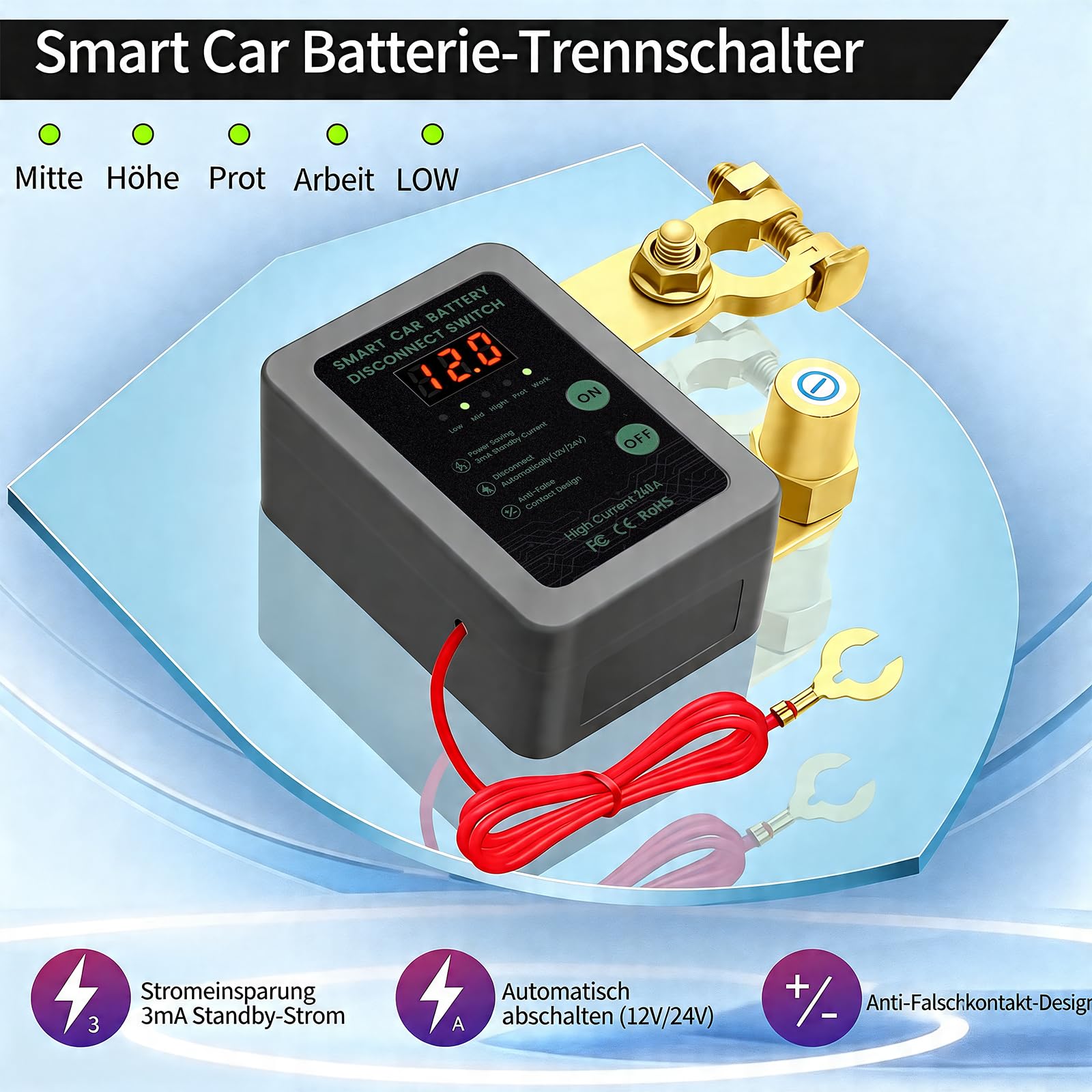 Smart Drahtloser Ferngesteuerter Auto Trennschalter, 12V Batterie Trennschalter 240A, Batterie Kill Switch Anti-Diebstahl mit LED-Anzeige automatische Abschaltung Schalter für Auto, RV, ATV, LKW, Boot
