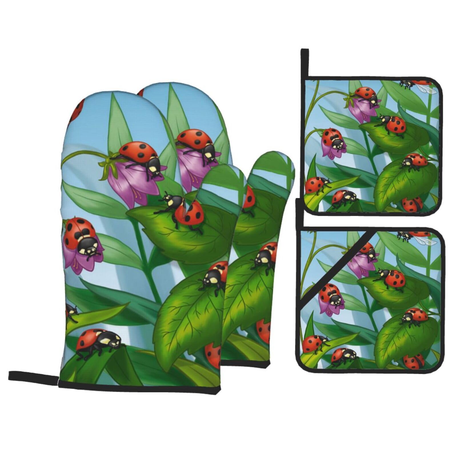 Ladybug Print Stylish Heat-Resistant Oven 4-Piece Set Kitchen Gloves Roasting Daily Cooking