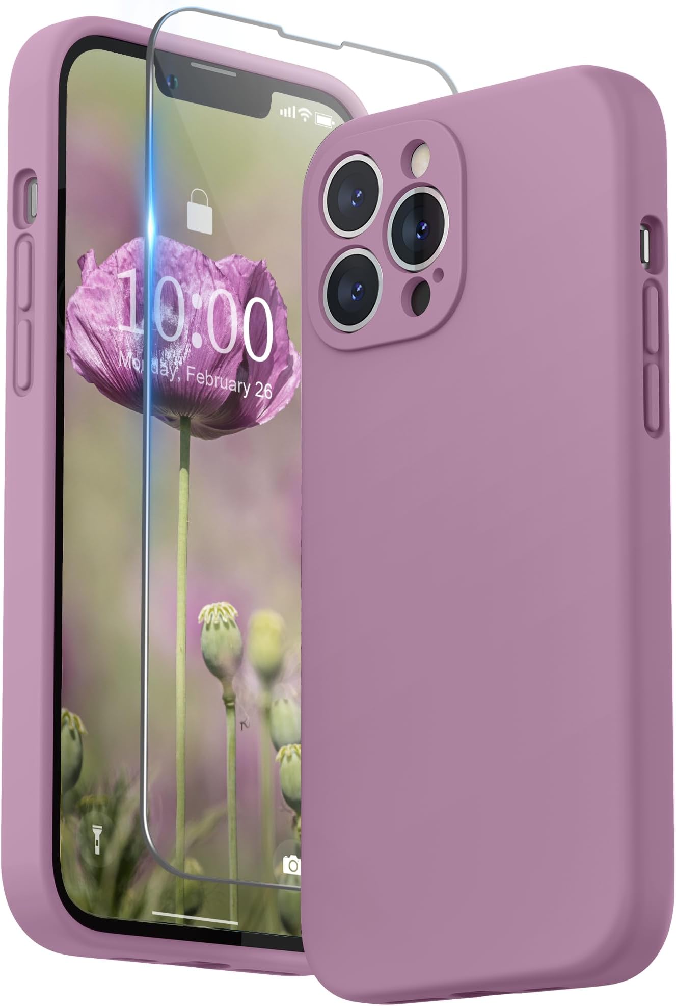 SURPHY Compatible with iPhone 13 Pro Max Case with Screen Protector, (Camera Protection + Soft Microfiber Lining) Liquid Silicone Phone Case 6.7 inch 2021, Lilac Purple