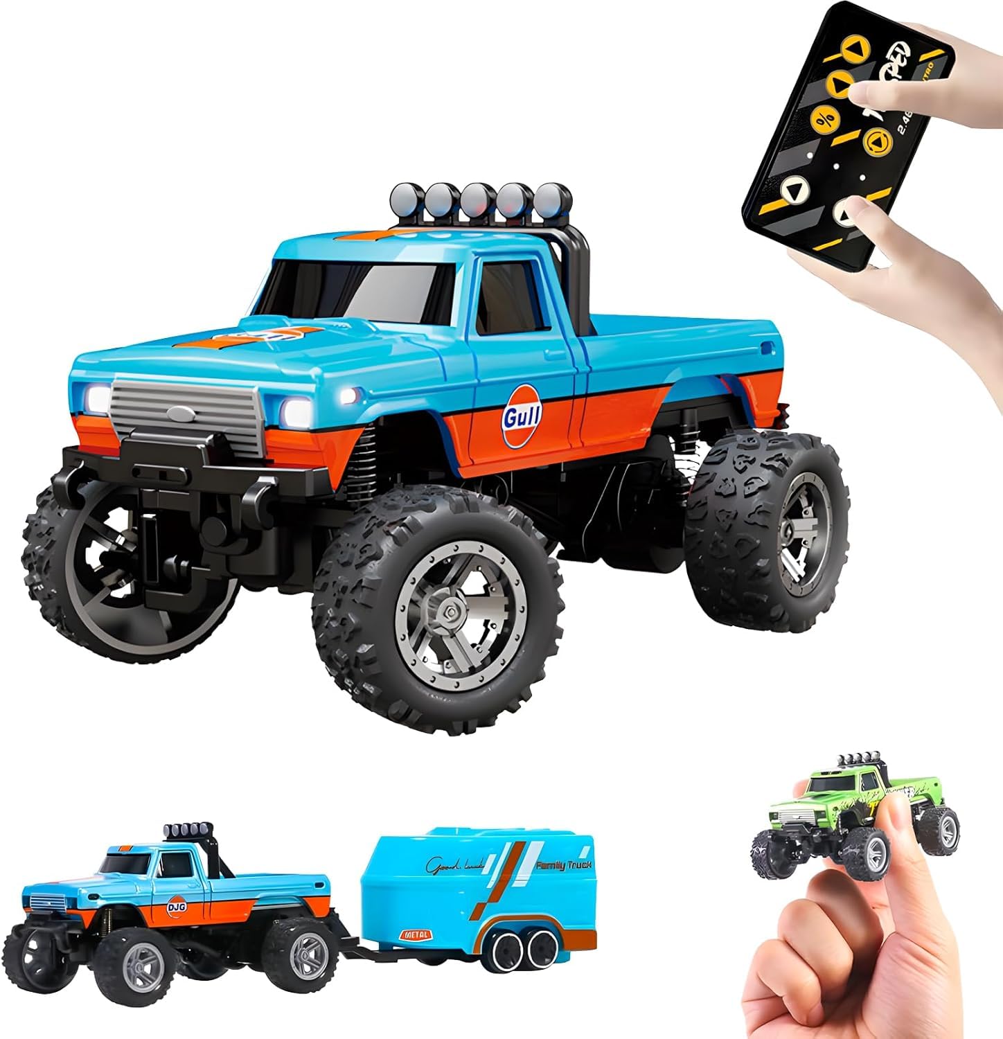 1:64 Mini RC Monster Truck with LED Lights Off-Road Remote Control  Car Speed Adjustable, USB Rechargeable Alloy RC Truck for Kids