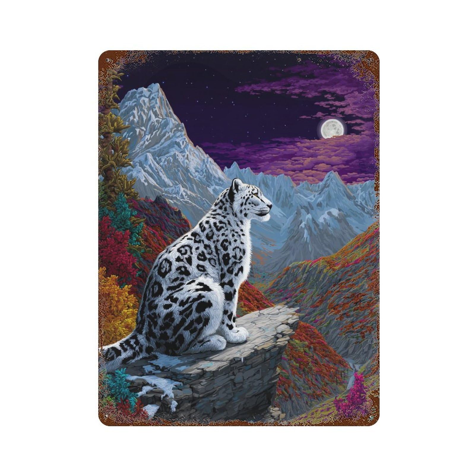 Snow Leopard Moonlit Mountain Decorative Tin Sign 15.7"x11.8", Vintage Wall Decor for Basement, Hobby Room And Garage Decor