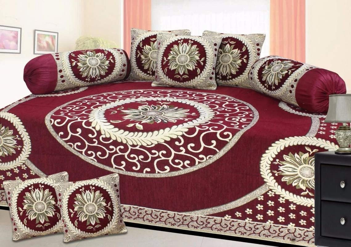 HOMA DORN Heavy Chenille Printed Designer Diwan Cover | Luxurious & Trendy Printed Diwan | Sets (Single Bedsheet + 5 Cushion Covers 2 Bolster Covers) (Round Maroon)-image-25