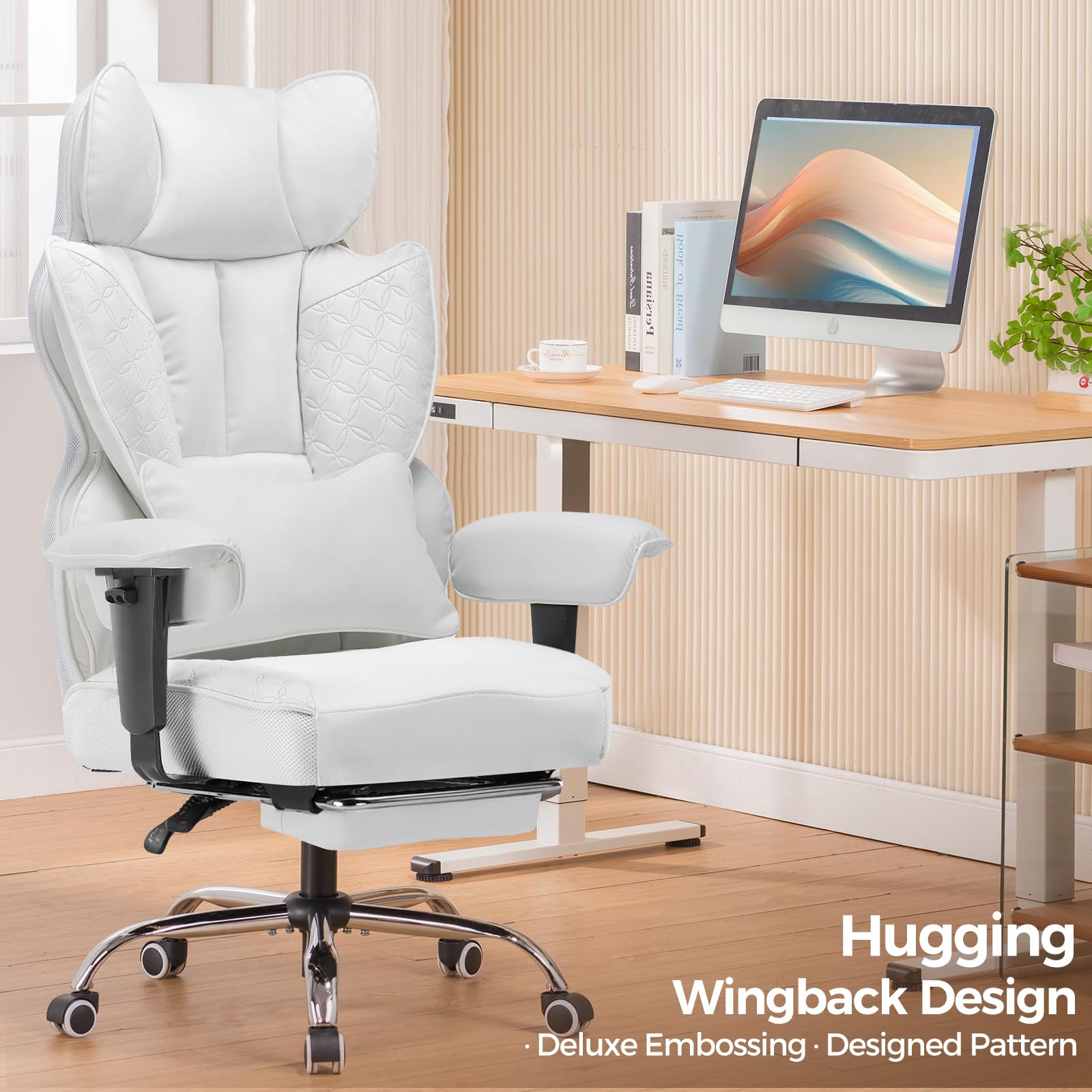 GTPLAYER Big and Tall Gaming Chair 400lbs Heavy Duty Office Chair with Foot Rest & Ergonomic Pocket Spring Lumbar Support, High Back 3D Saddle Shaped Cushion for Back Pain Relief, White view 7