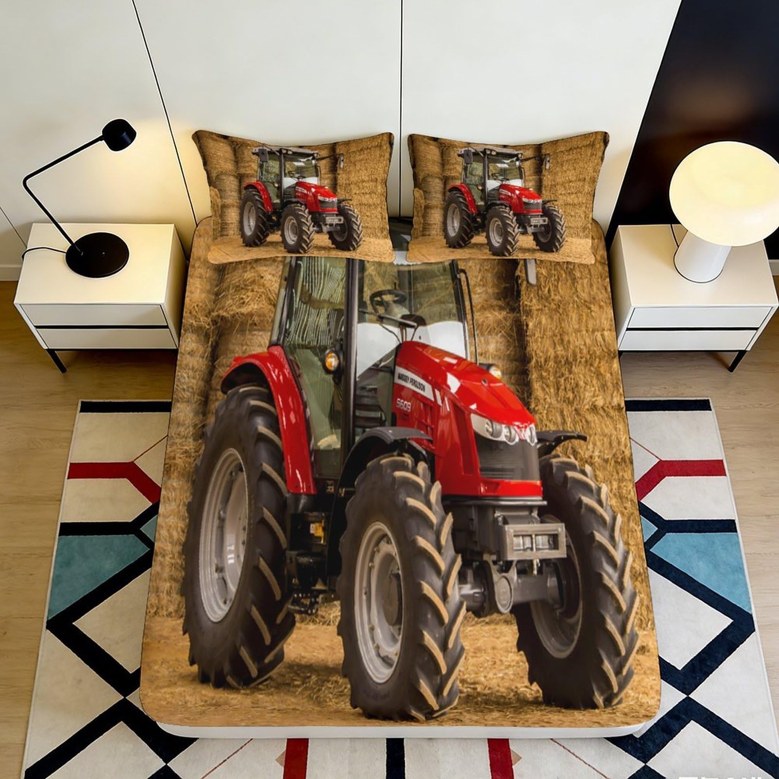 3D Printed Red Tractor Fitted Sheet Microfiber Durable Soft 3D Farm Vehicle Mattress Cover for Bedroom Dormitory Guest Room Protection Decor 90x200x25cm