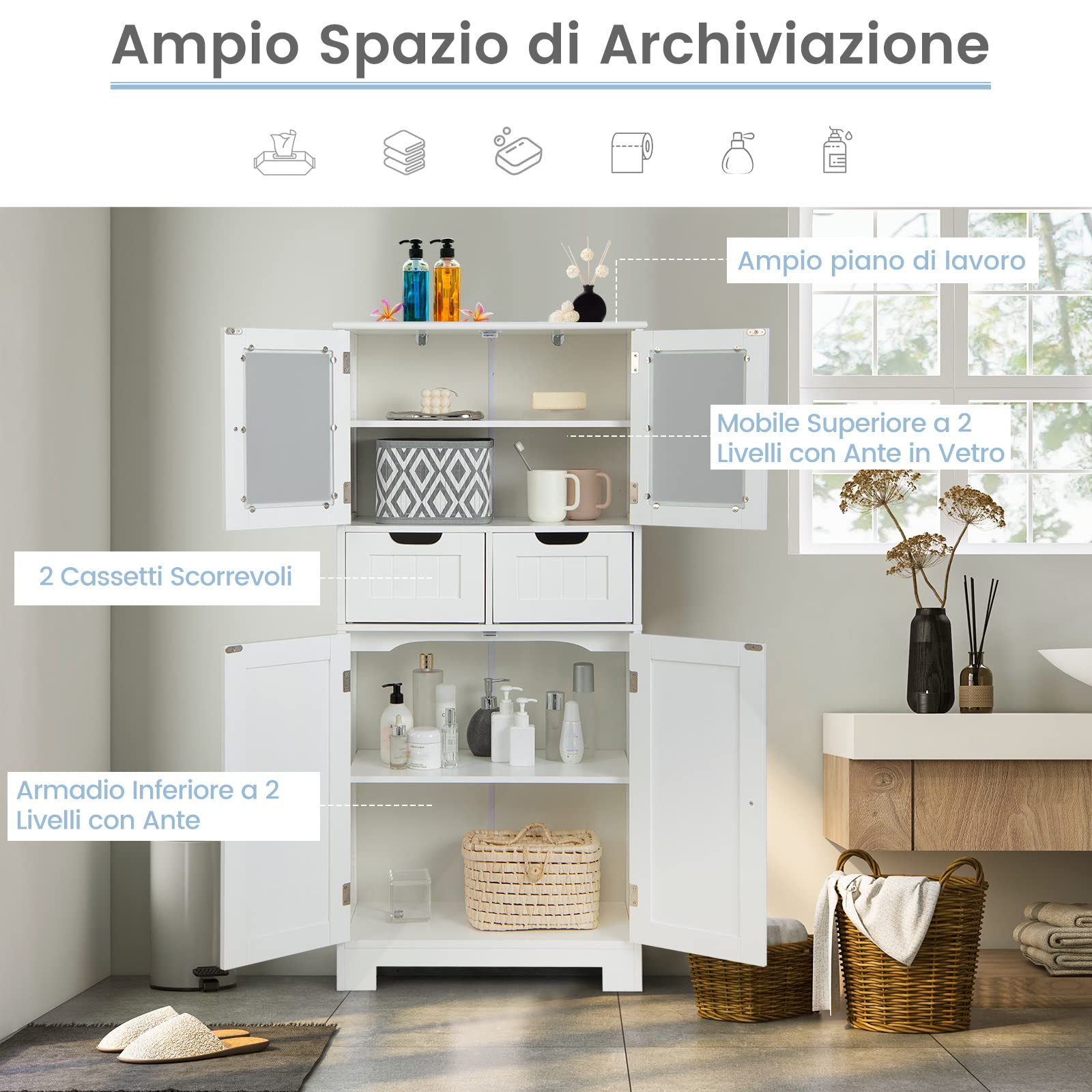 COSTWAY Armadio da Terra con 4 Ante, Mobile da Bagno con 2 Ante in Vetro 2 Cassetti e Ripiani Regolabili, Armadio Multifunzionale per Bagno e Soggiorno (Bianco, 60x30x128cm)