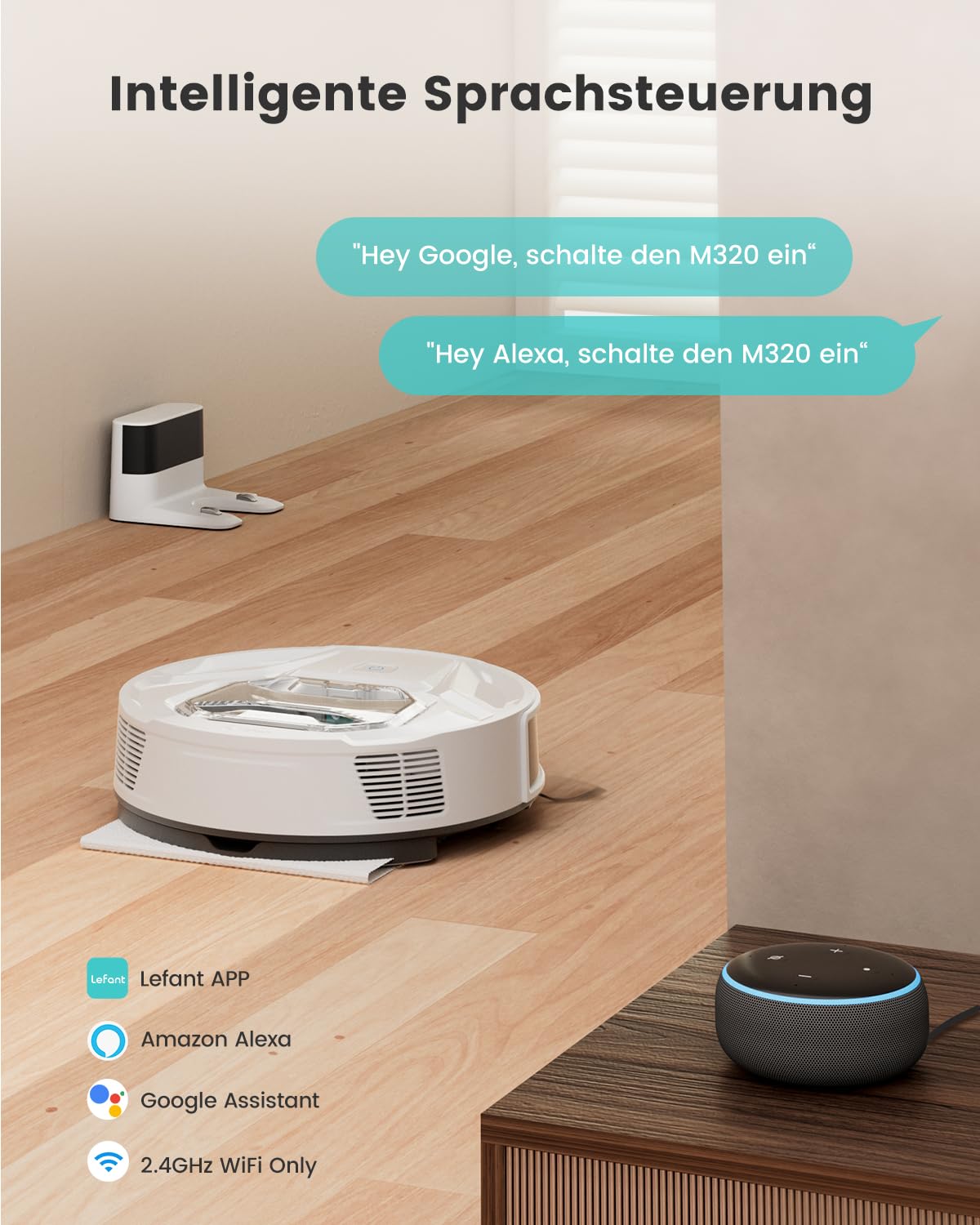 Lefant Robot aspirapolvere M320, 6000Pa, aspirapolvere robot con navigazione di precisione, contenitore per polvere da 800 ml, 210 minuti, Wi-Fi/app, ideale per peli di animali, tappeti