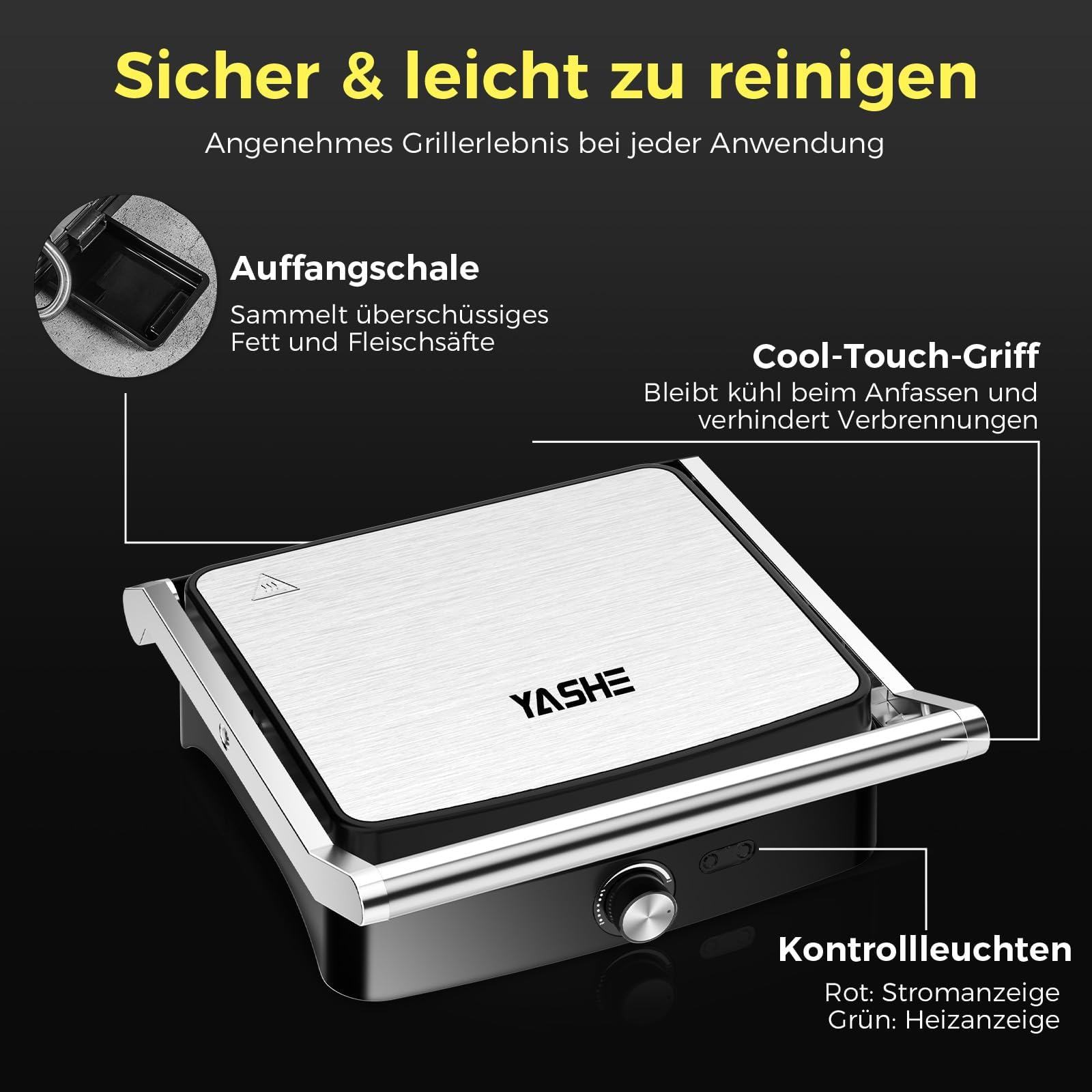 YASHE Barbecue a contatto con regolatore di temperatura, apribile a 180°, piastre antiaderenti, coperchio in acciaio inox, panini per panini, carne e verdure, 2000 W