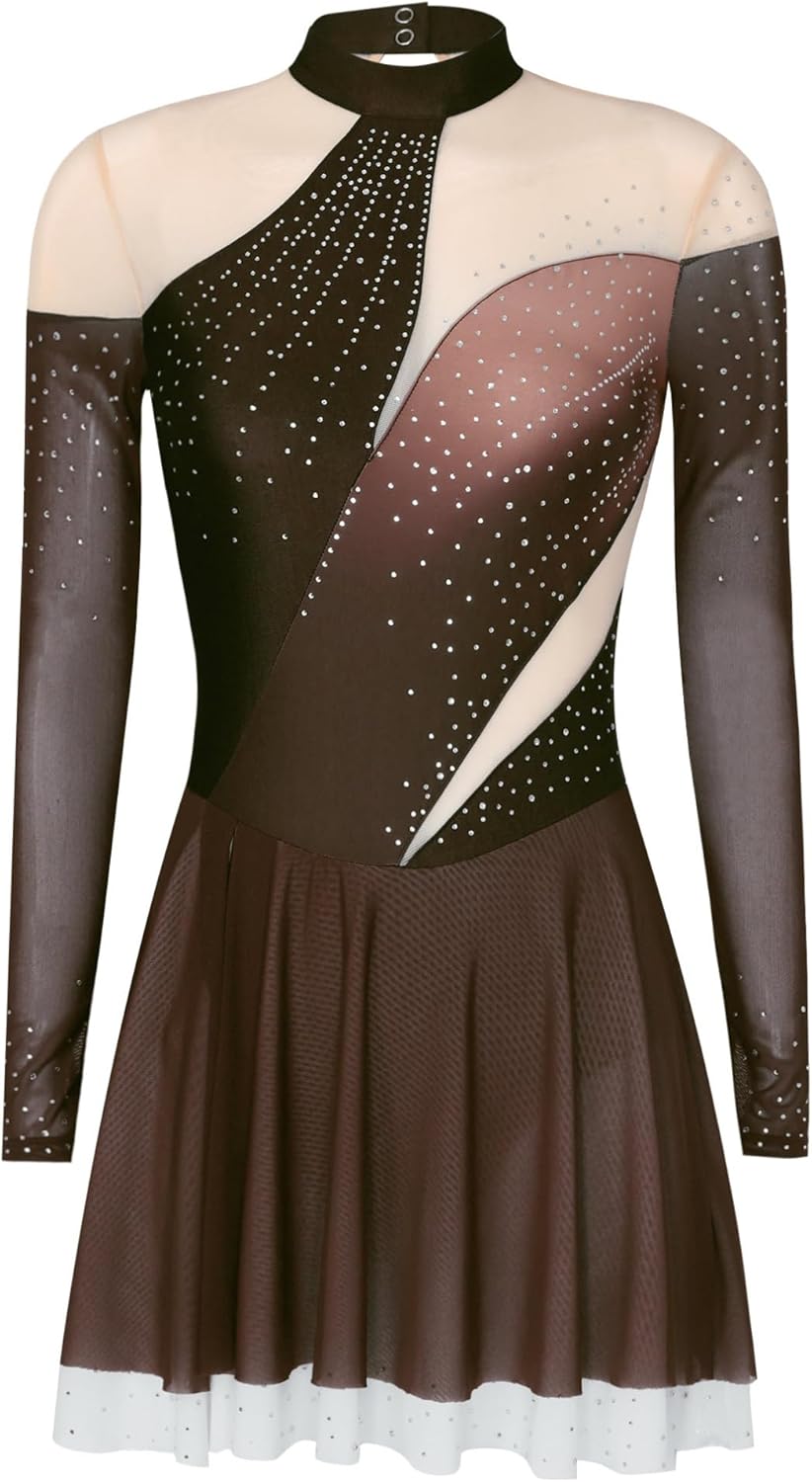 YiZYiF Women's Shiny Rhinestone Mesh Splice Long Sleeve Figure Ice Skating Dress Lyrical Dance Costume