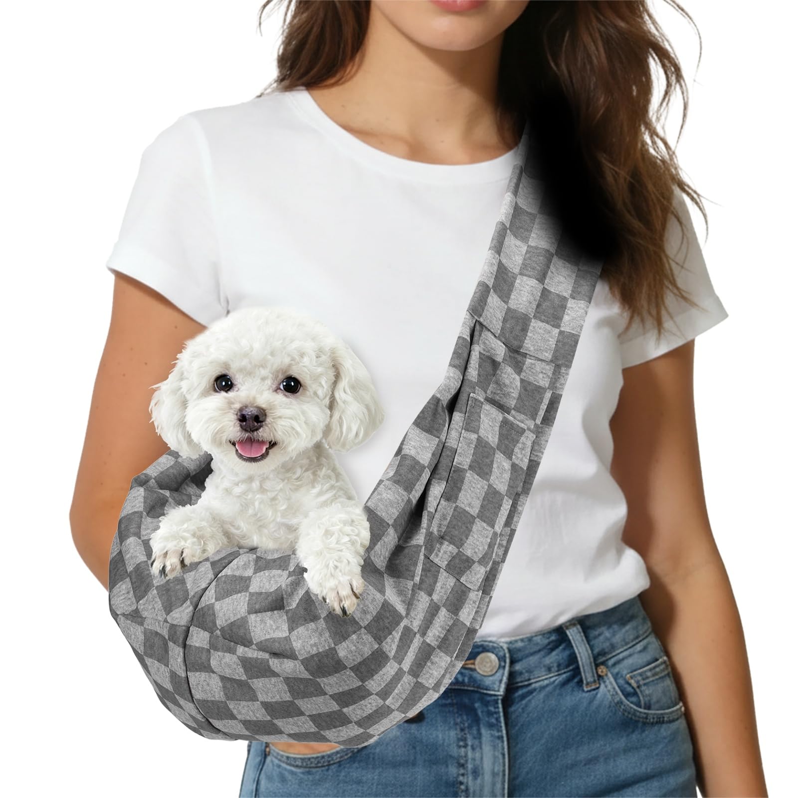 sourcing map Dog Sling Carrier for Small Dogs and Cats Up to 16.5 Lbs, Breathable Texture with Pocket Pet Cross Body Shoulder Bag, (White Gray, 1 Pcs) Intended for Outdoor Travel/Camp