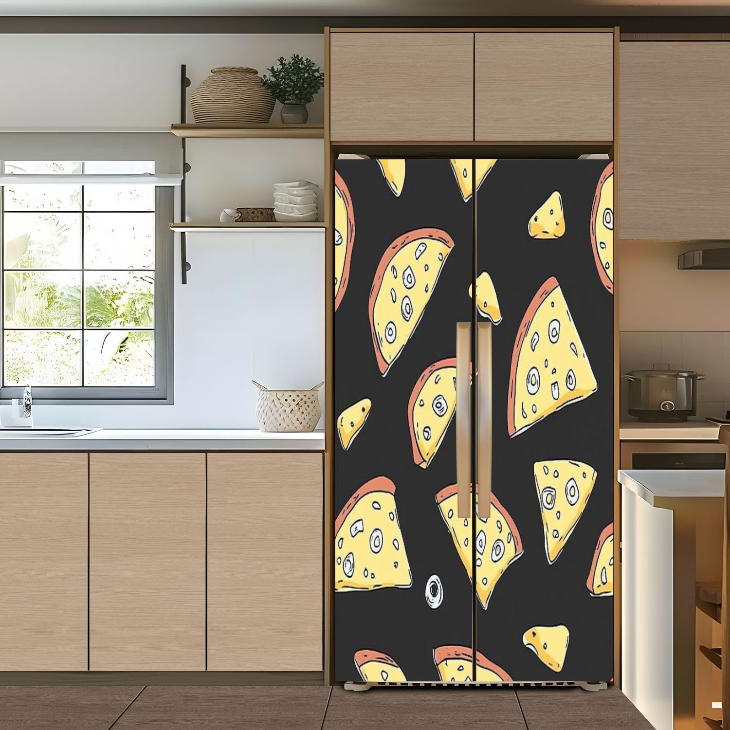 Self Adhesive Vinyl Refrigerator Wrap Set Seamless Pizza Pattern Black White Pizza Doodle Pizza Fast Food Door Mural Removable Fridge Sticker Peel and Stick Decal Rustic Kitchen Decor