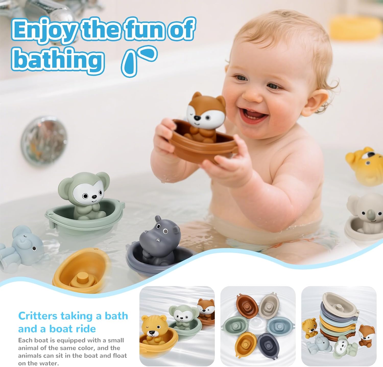 Bath Toys Float Boats for Kids Ages 18M+,Stackable Floaty Boat,Animal Finger Puppets,Toddler Toys Gifts for 2-4 Year Old Baby Gifts Valentines Easter Basket