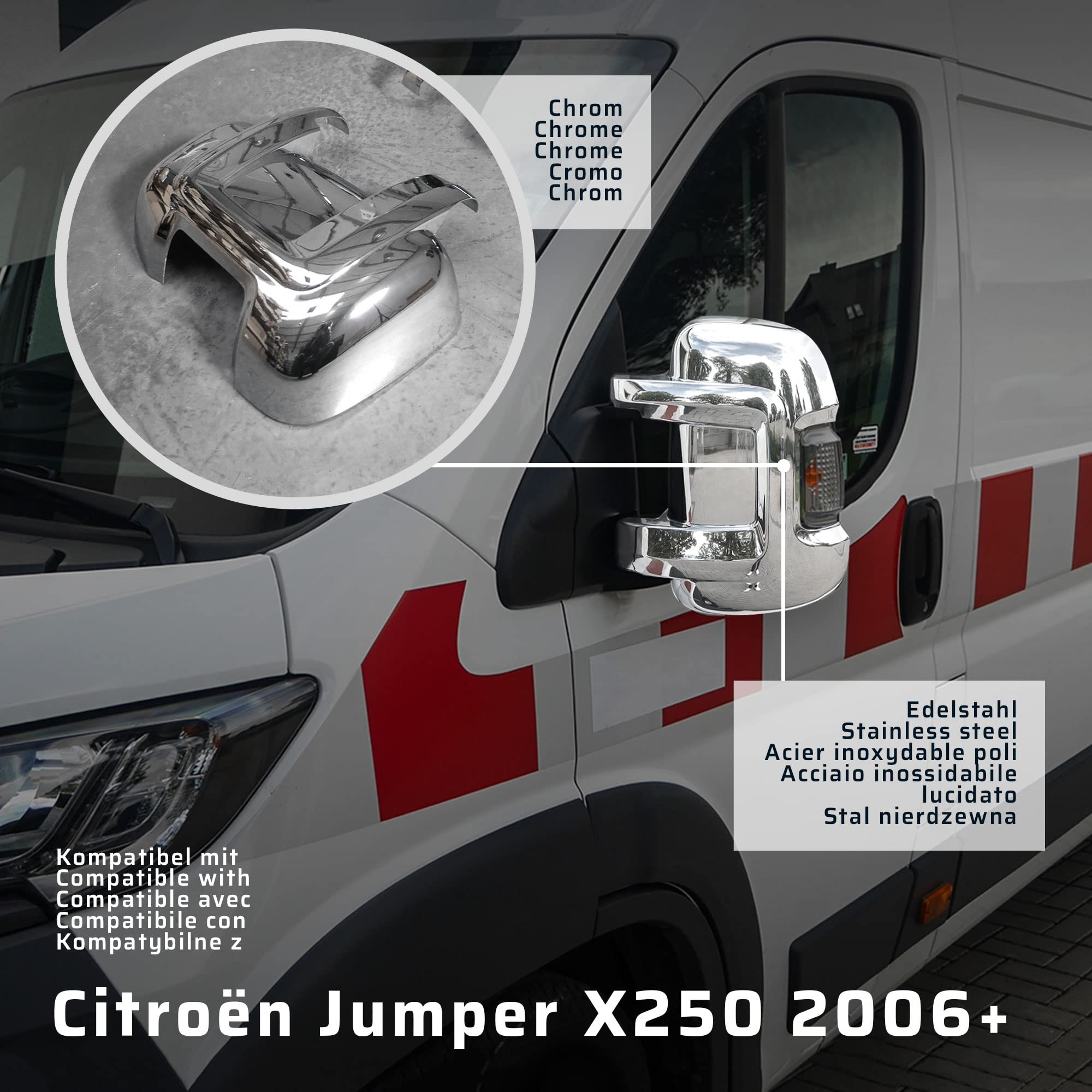 CHROMEMASTER | Nakładki na Lusterka Zewnętrzne | Kompatybilne z Citroën Jumper X250 od roku 2006 | Tworzywo ABS; Osłony Lusterek to Niepowtarzalny Wygląd Auta i Ochrona Przed Uszkodzeniem