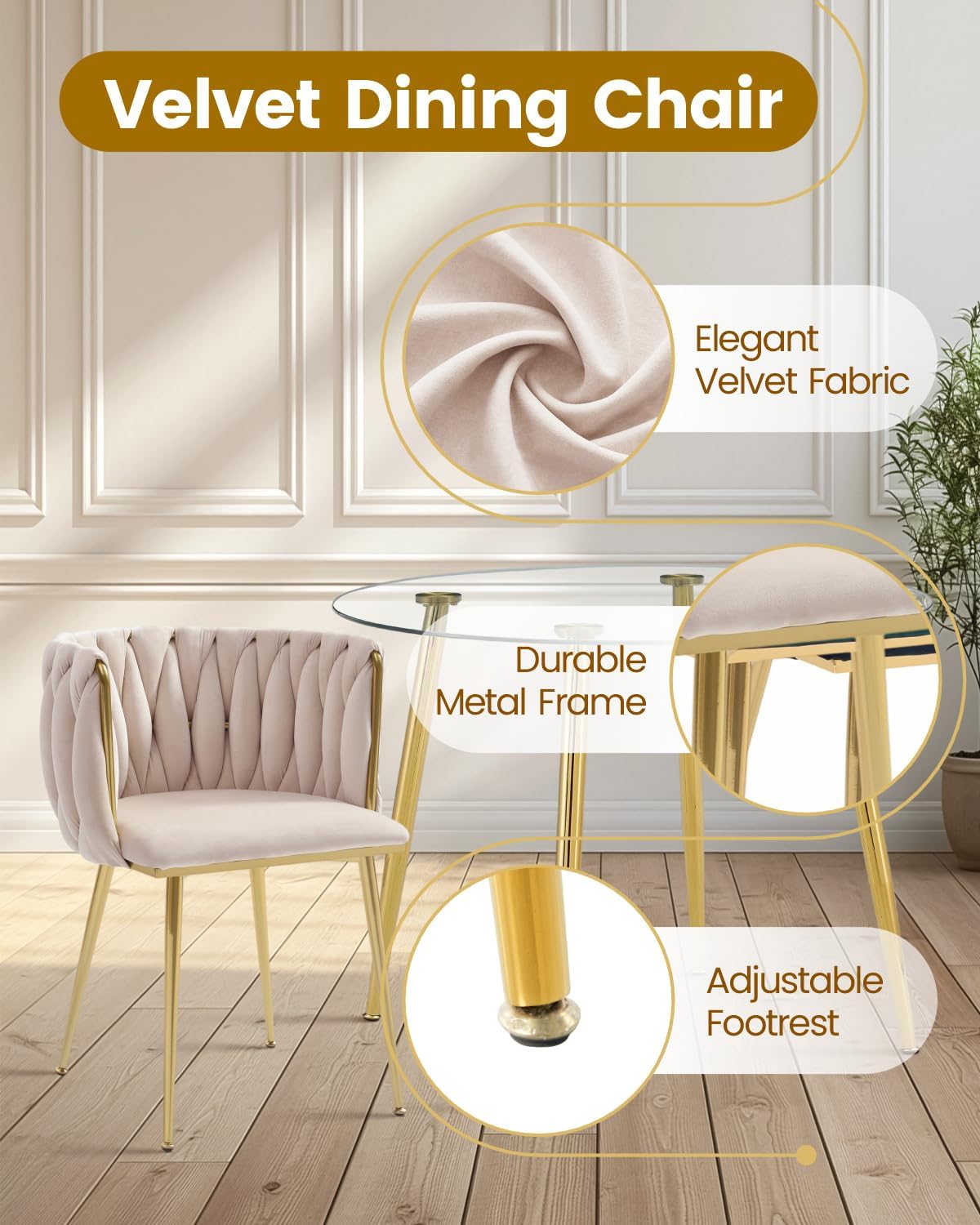 Golden Round Glass Dining Table Set for 4, 5 PCS Clear Glass Circle Table Set, 39.4'' Modern Luxury Kitchen Table Set with Velvet Woven Chair, for Living Room, Kitchen, Cafe, Apartment - Beige Chair